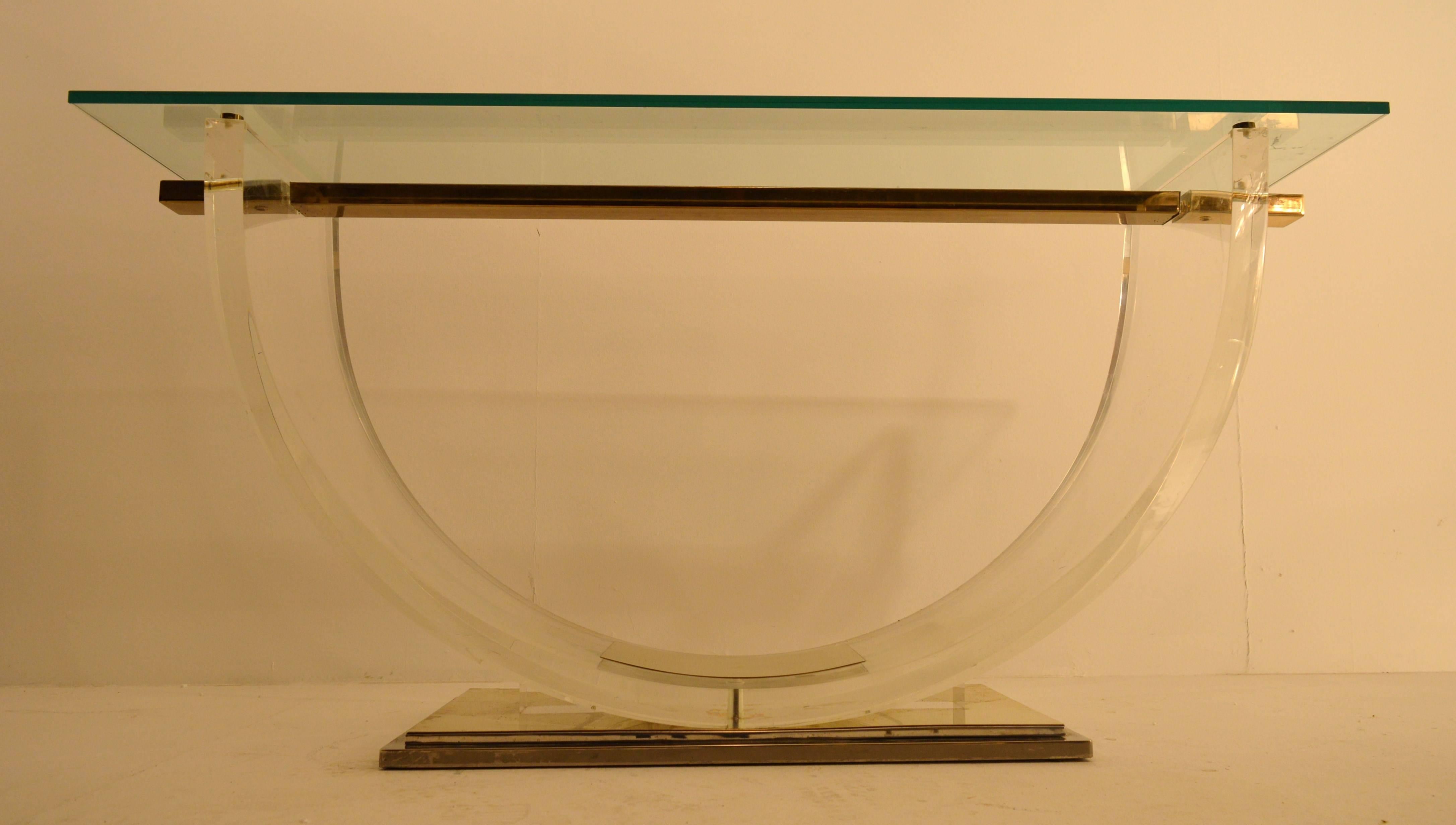 Late 20th Century Plexiglass or Perspex Console with Iron and Brass Base and Glass Top