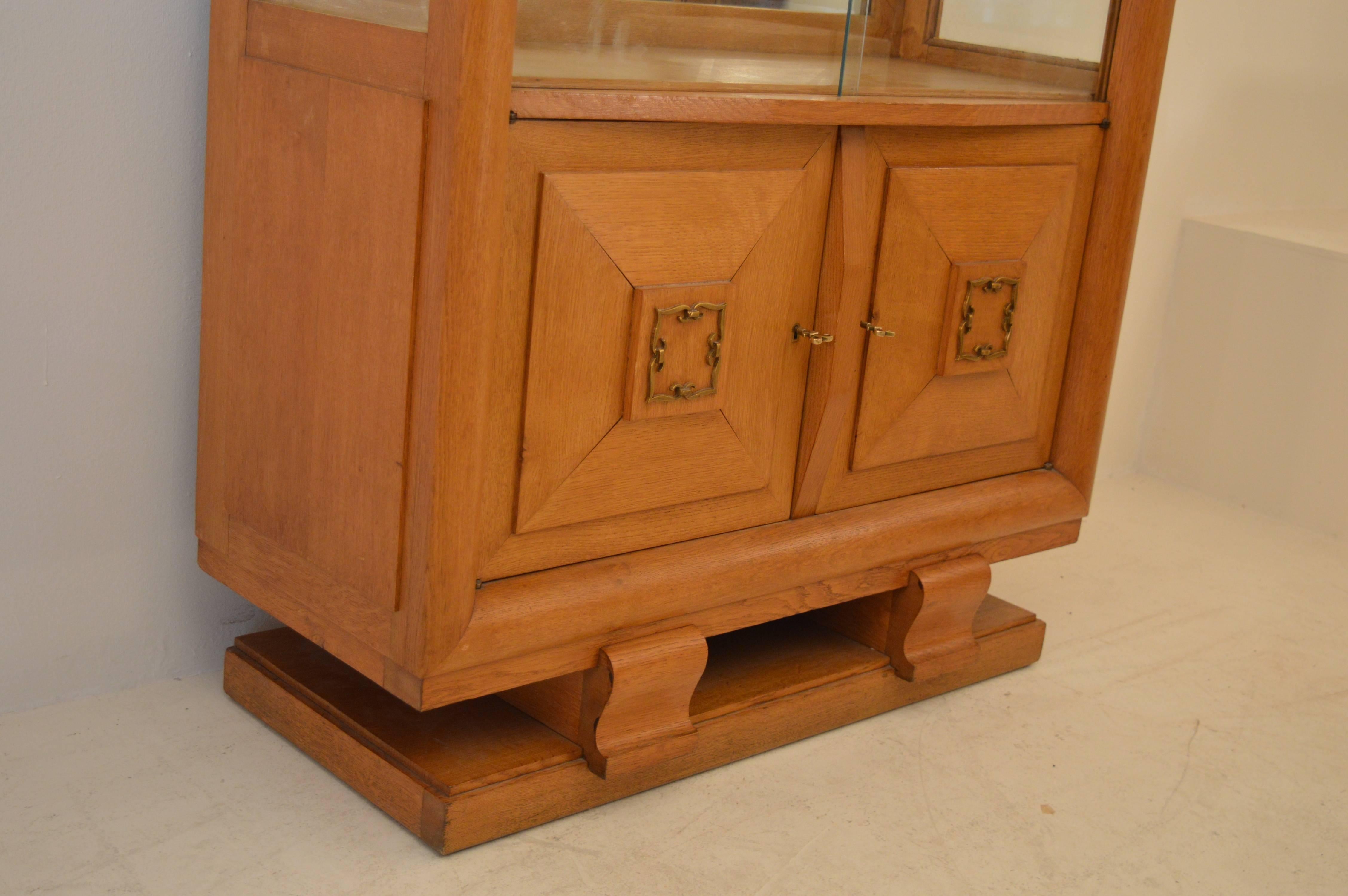 Bronze Art Deco Vitrine Cabinet in Blond Oak