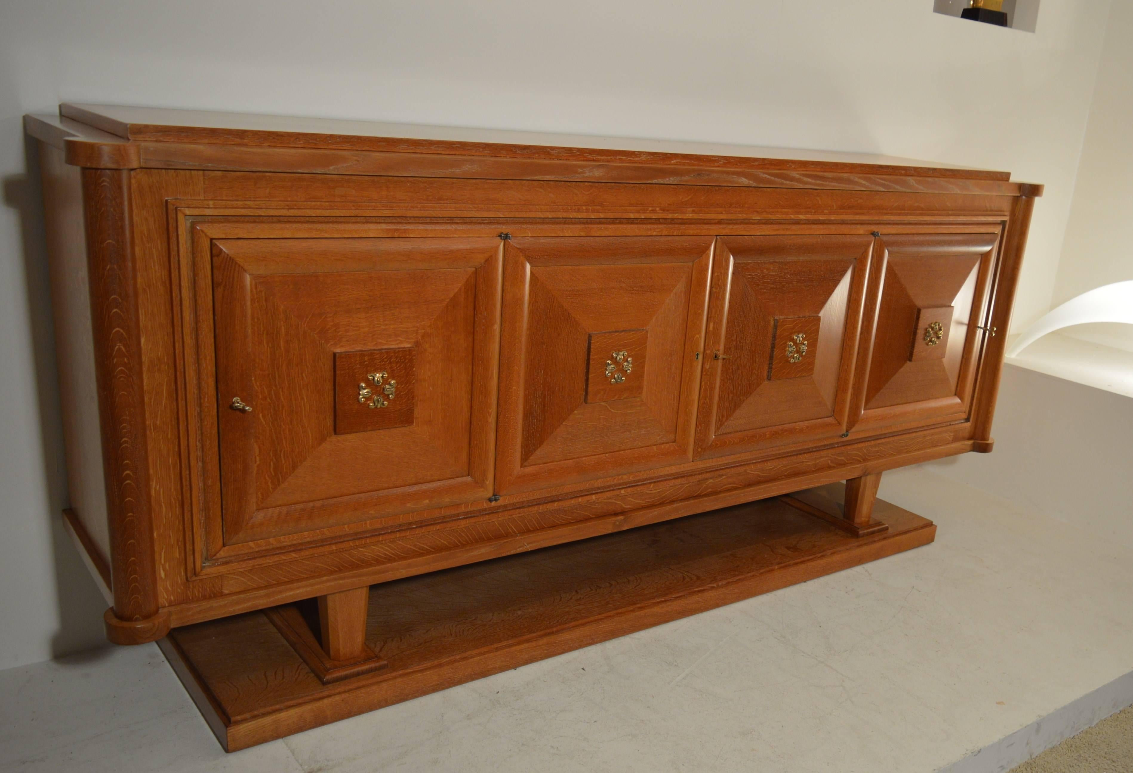 Brass Credenza in Oak in the Style of Charles Dudouyt and Jean-Charles Moreux