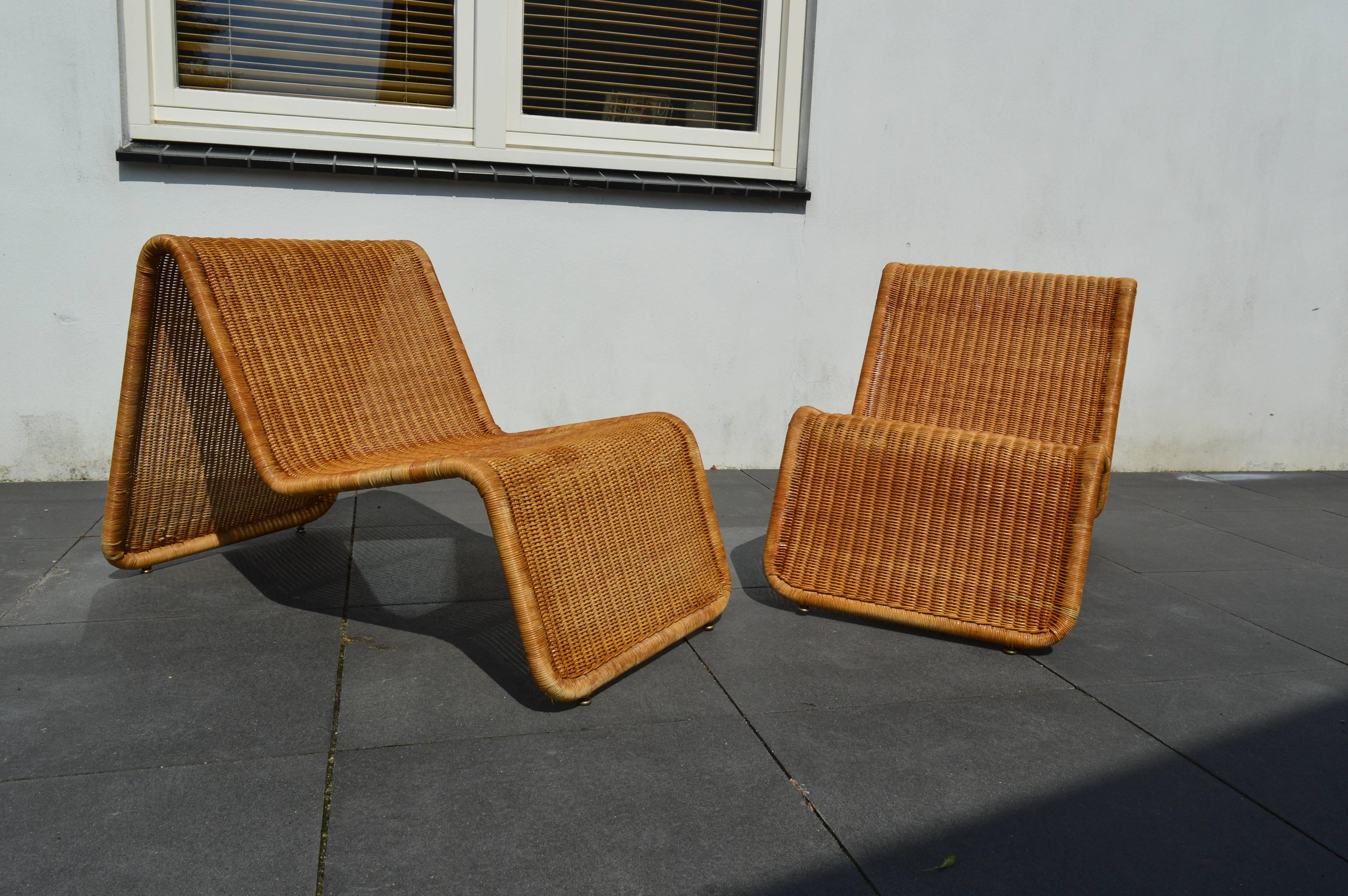 Italian Pair of Wicker Lounge Chairs by Tito Agnoli for Bonacina, Italy, 1960s