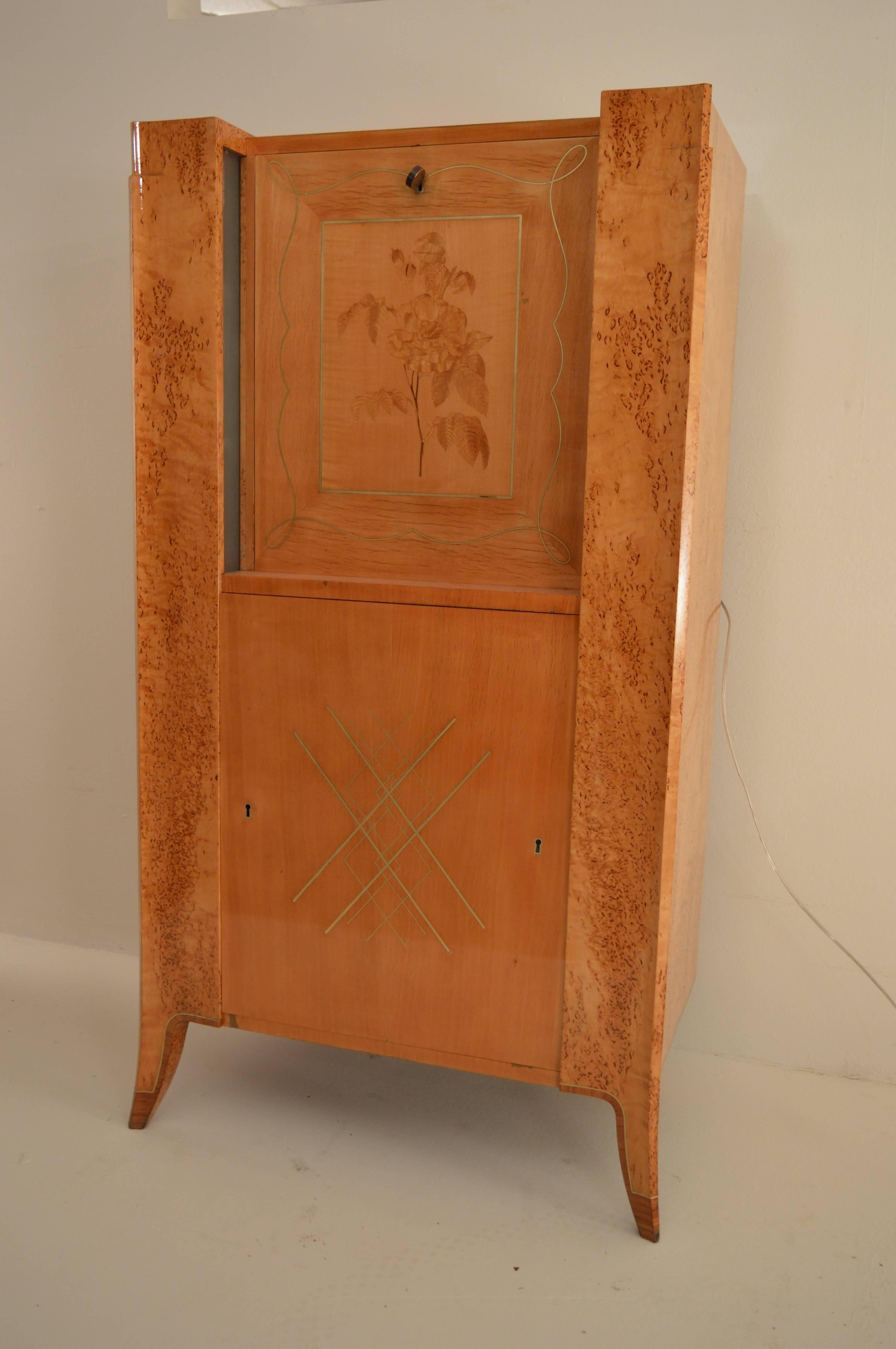 Belgian Art Deco Lady Secretaire in Norwegian Silverbirch with Intarsia