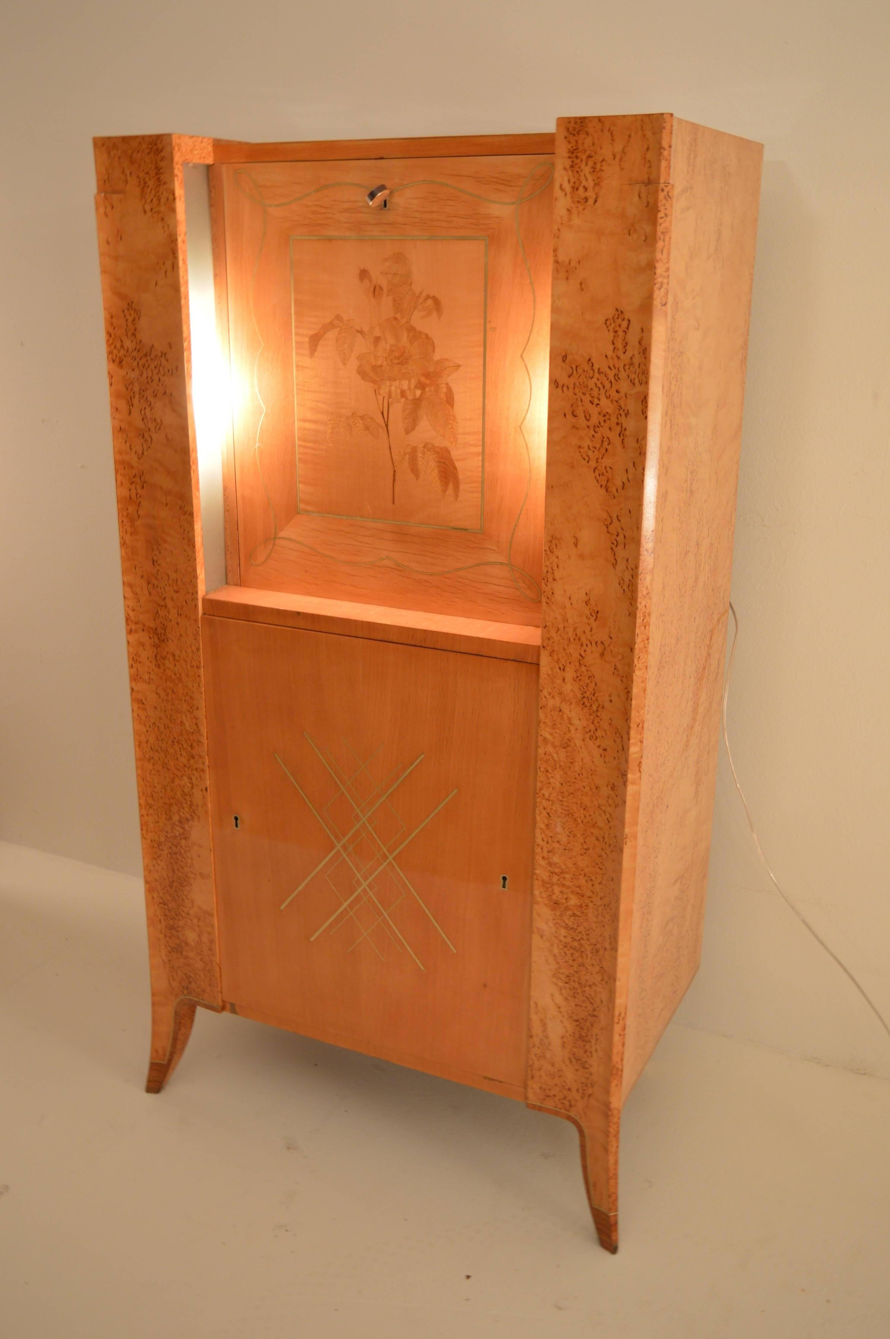 Inlay Art Deco Lady Secretaire in Norwegian Silverbirch with Intarsia