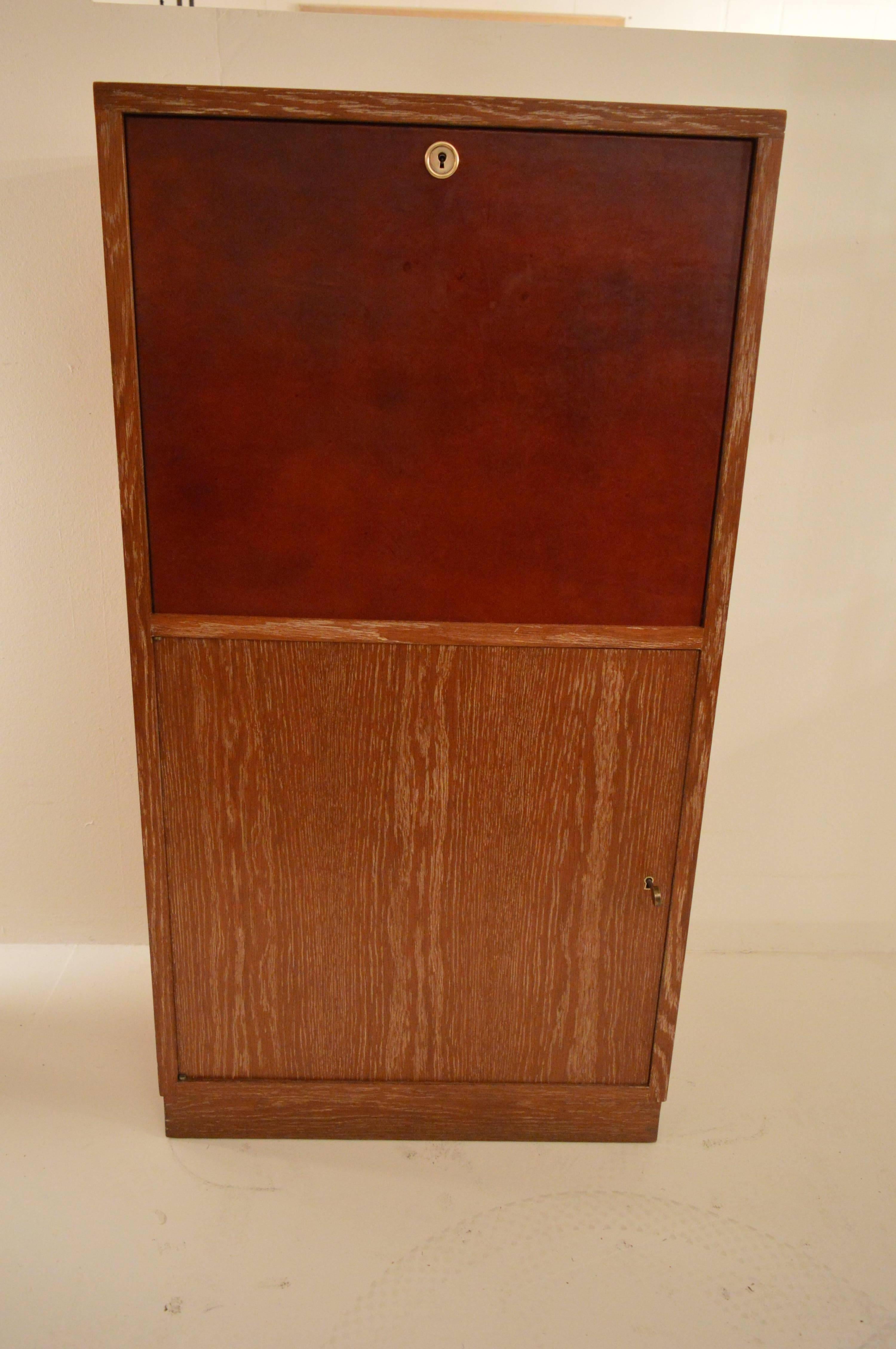 Mid-20th Century Art Deco Secretary in Oak with Door Covered in Core-Leather by Charles Dudouyt