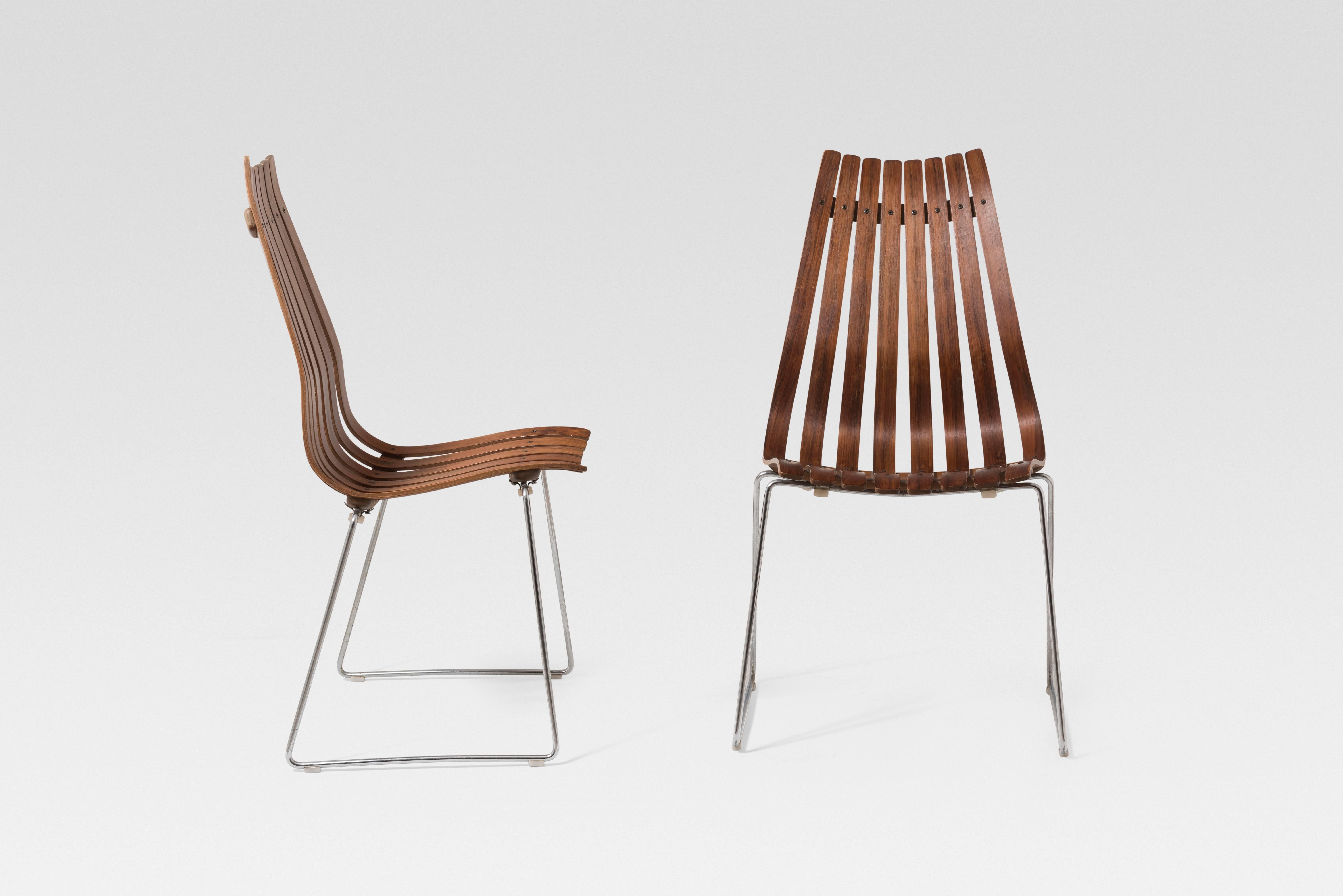 Hans Brattrud (born in 1933) 
Set of eight Scandia chairs
Manufactured by Hove Møbler, 
circa 1965
Chromed steel and rosewood.
  
