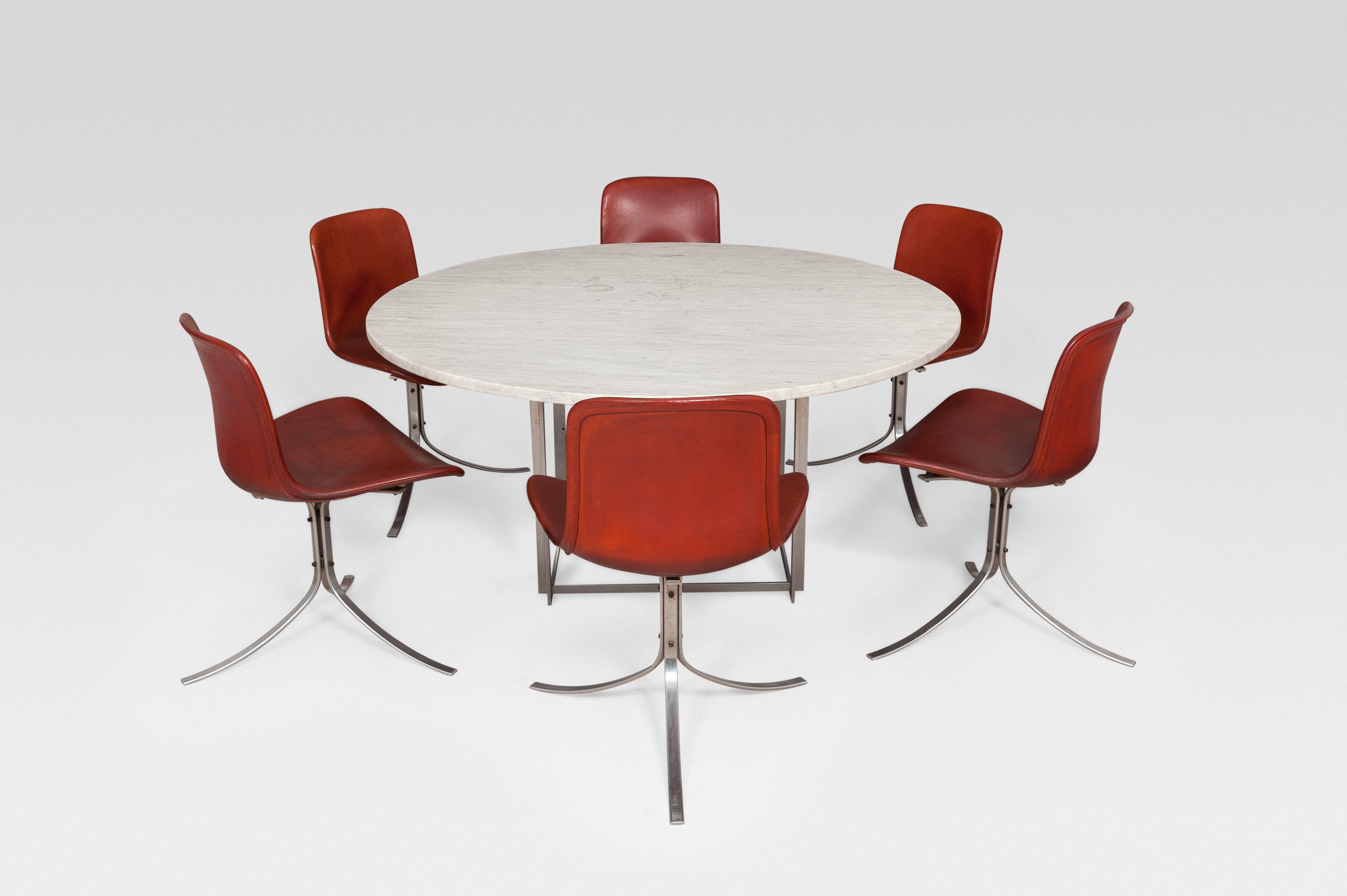 Table PK 54 by Poul Kjærholm. 
Made and stamped by Kold Christensen, 1963.
Brushed steel base and flint-rolled marble.