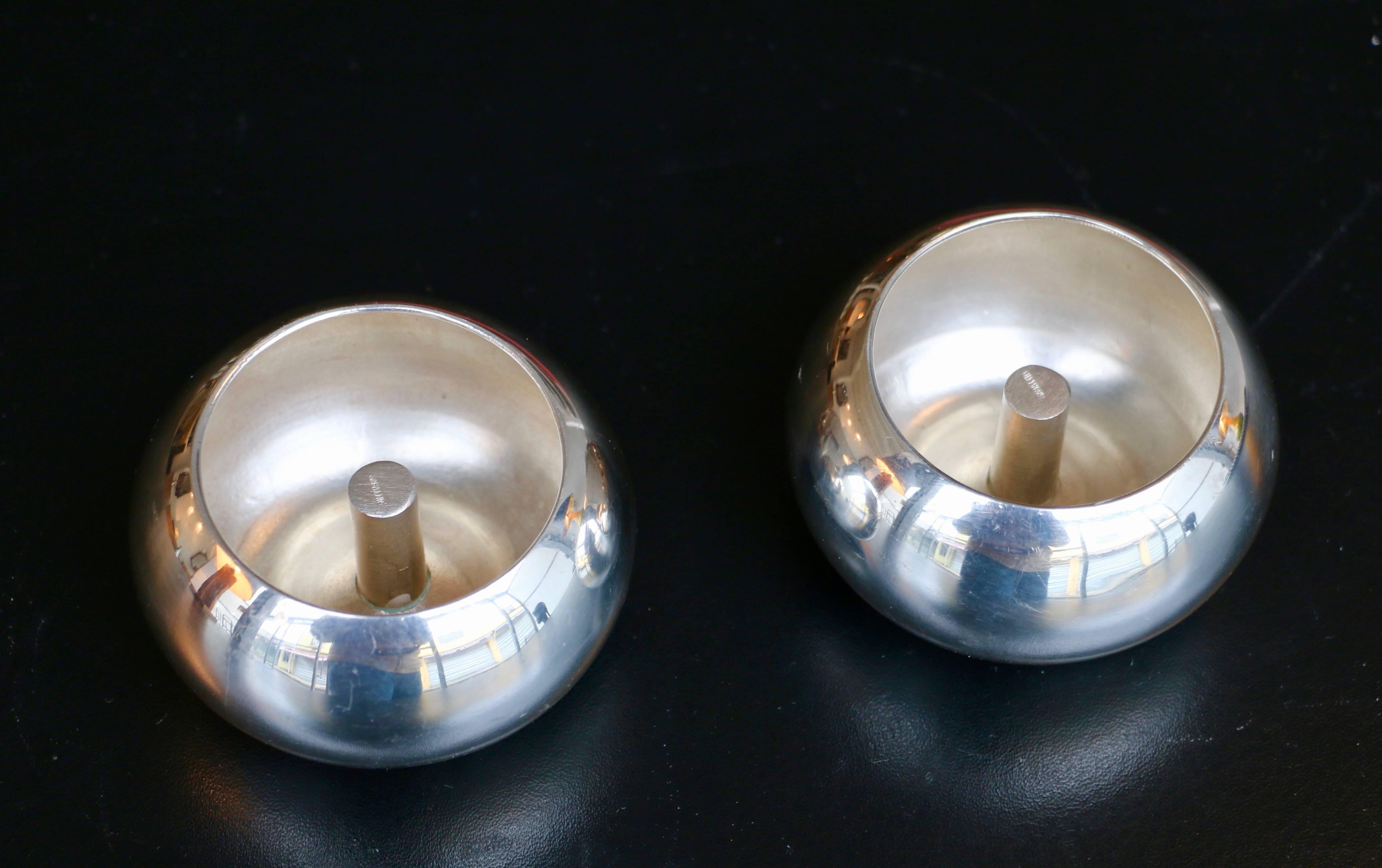 Italian Pair of Silvered Metal Candleholders For Sale