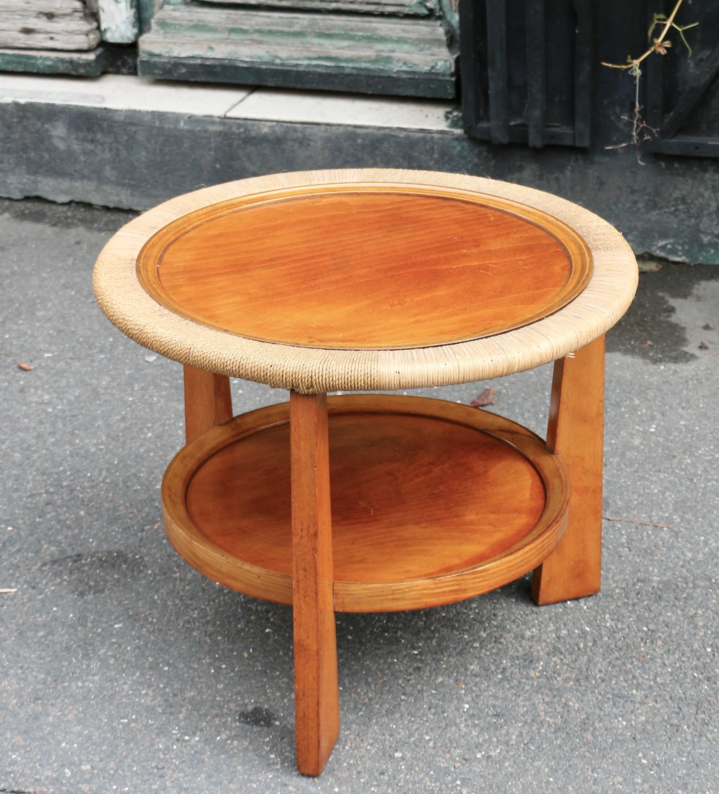 1950s small table with double tray in light wood. The top tray is sheathed with rope.