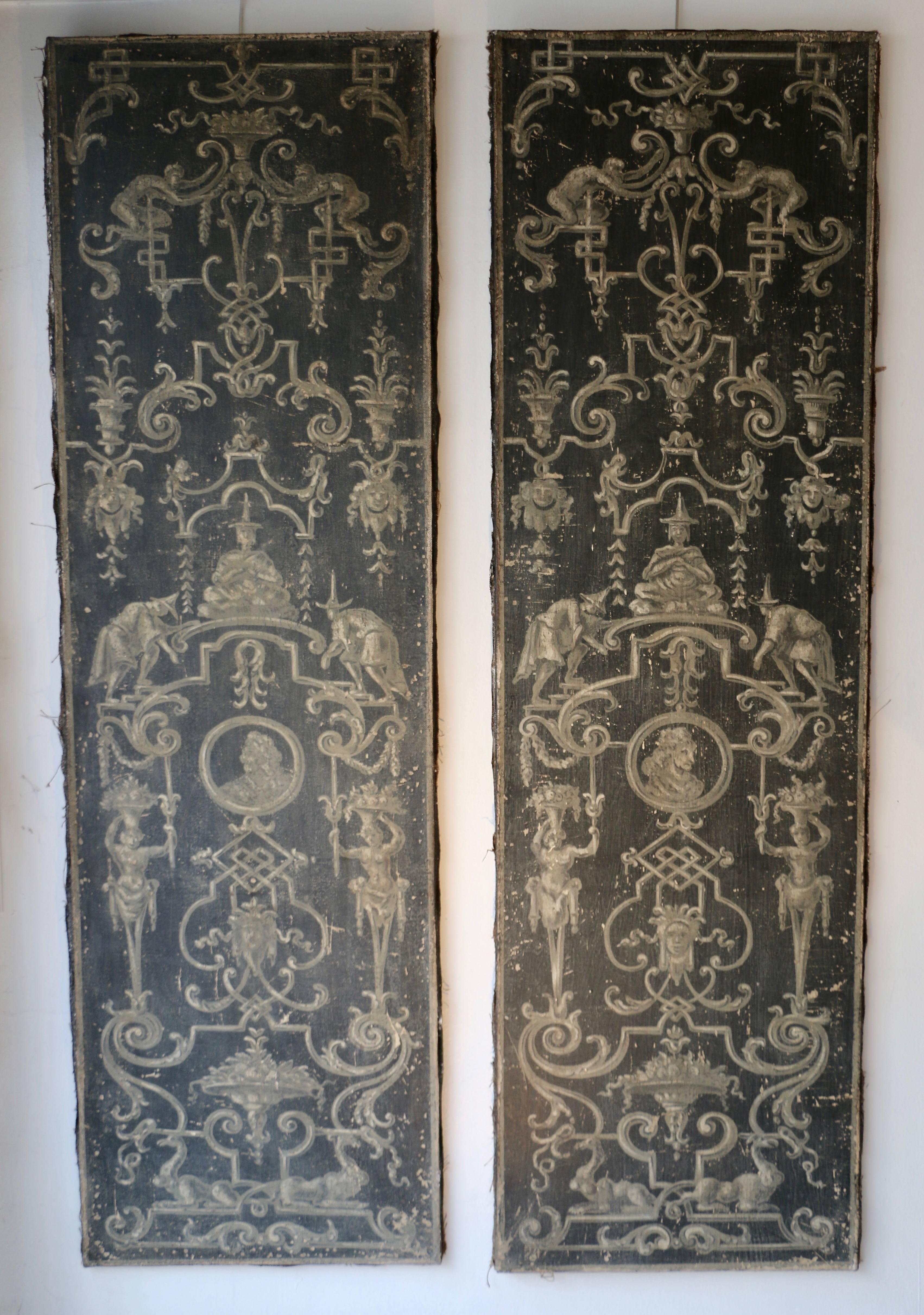 Italy. 20th century. Pair of large very decorative painted canvases. The subject is typical of chinoiseries with its oriental style characters and its eventful architectural motifs.