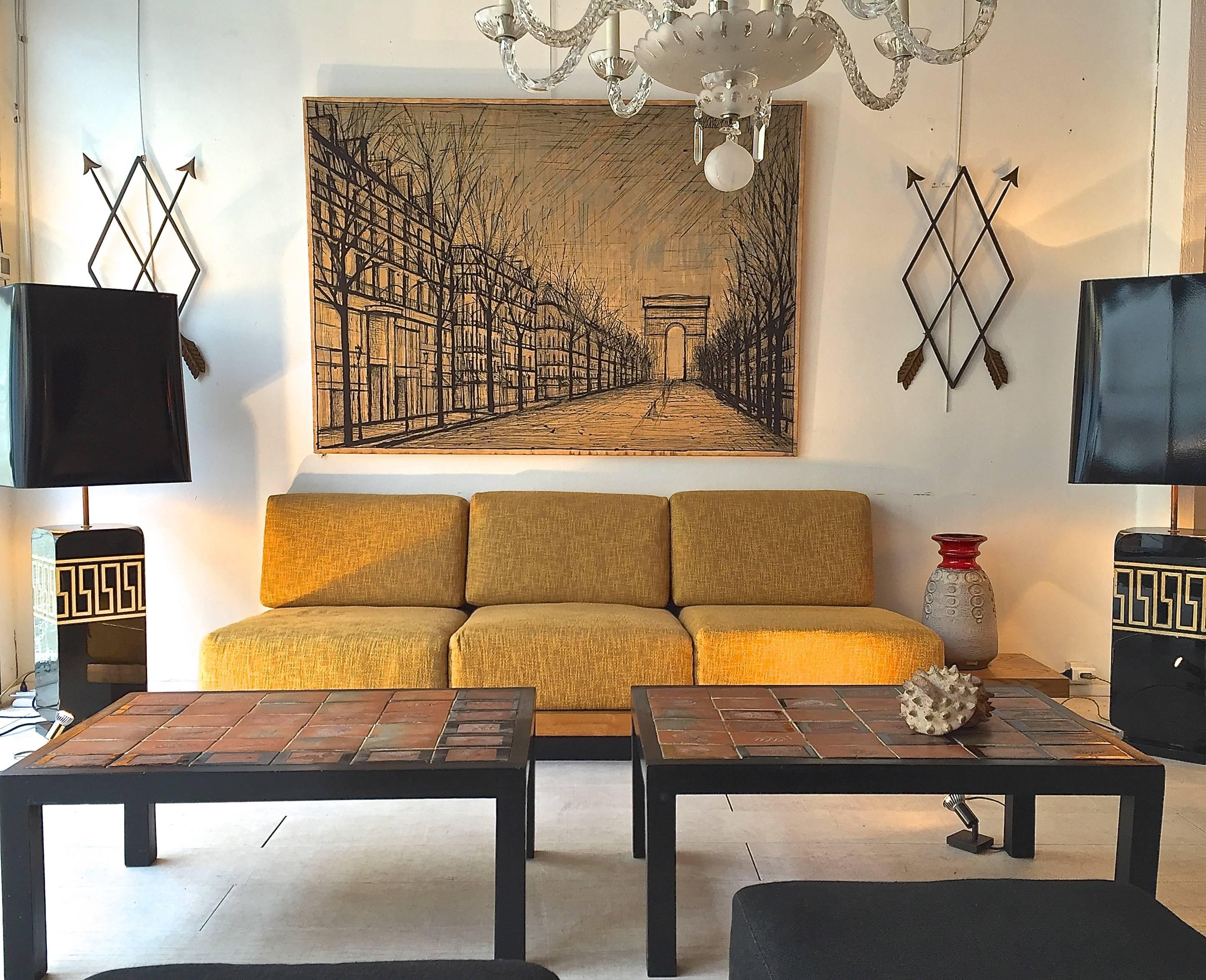 Three-Seat Sofa in Wood and Yellow Fabric by Gustave Gautier In Good Condition In Saint-Ouen, FR