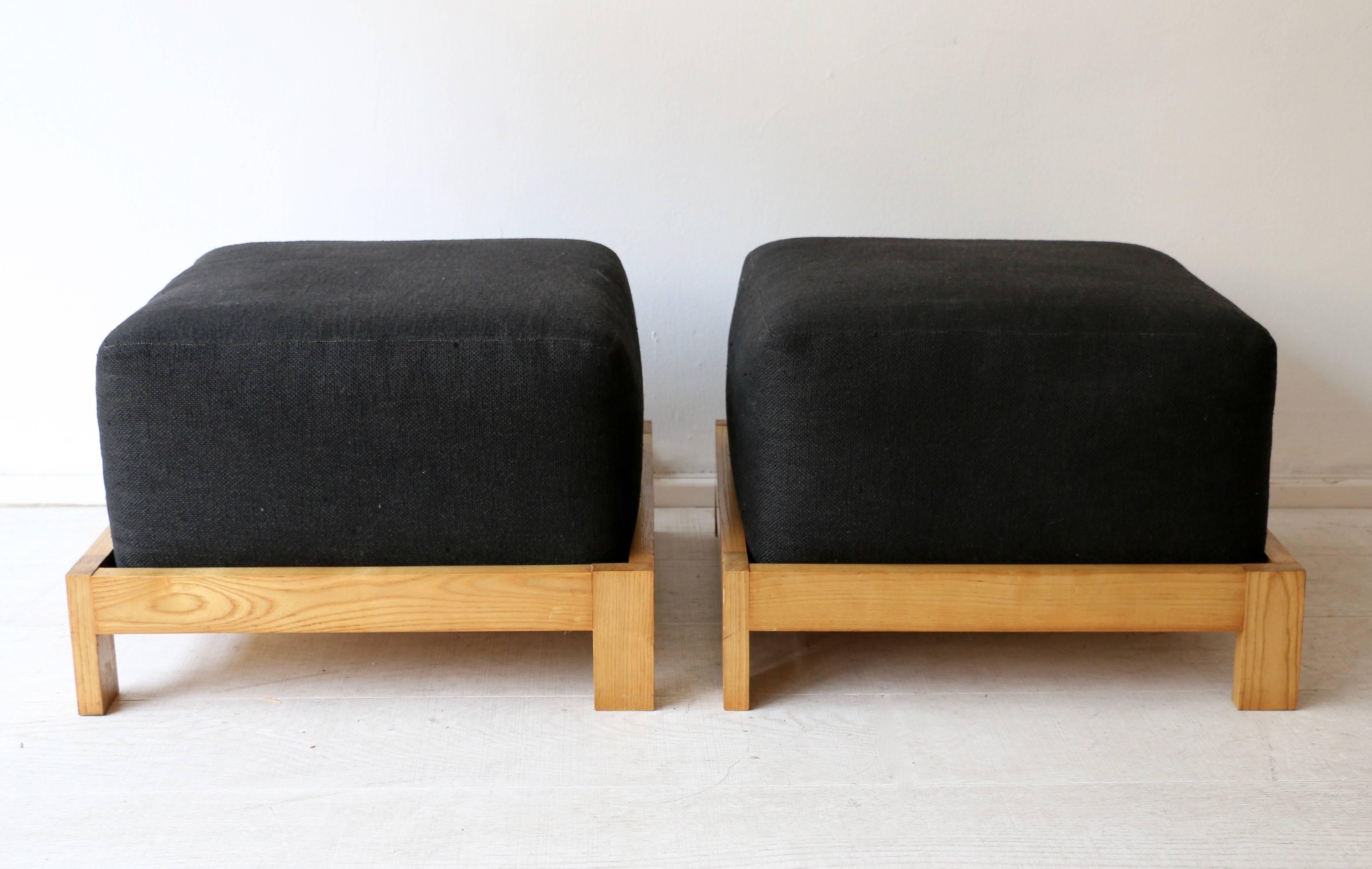 Gustave Gautier (1911-1980).
Unique piece designed in 1961 for a villa in Cannes, France. 
Pair of bright wood stools and fabric ottomans.