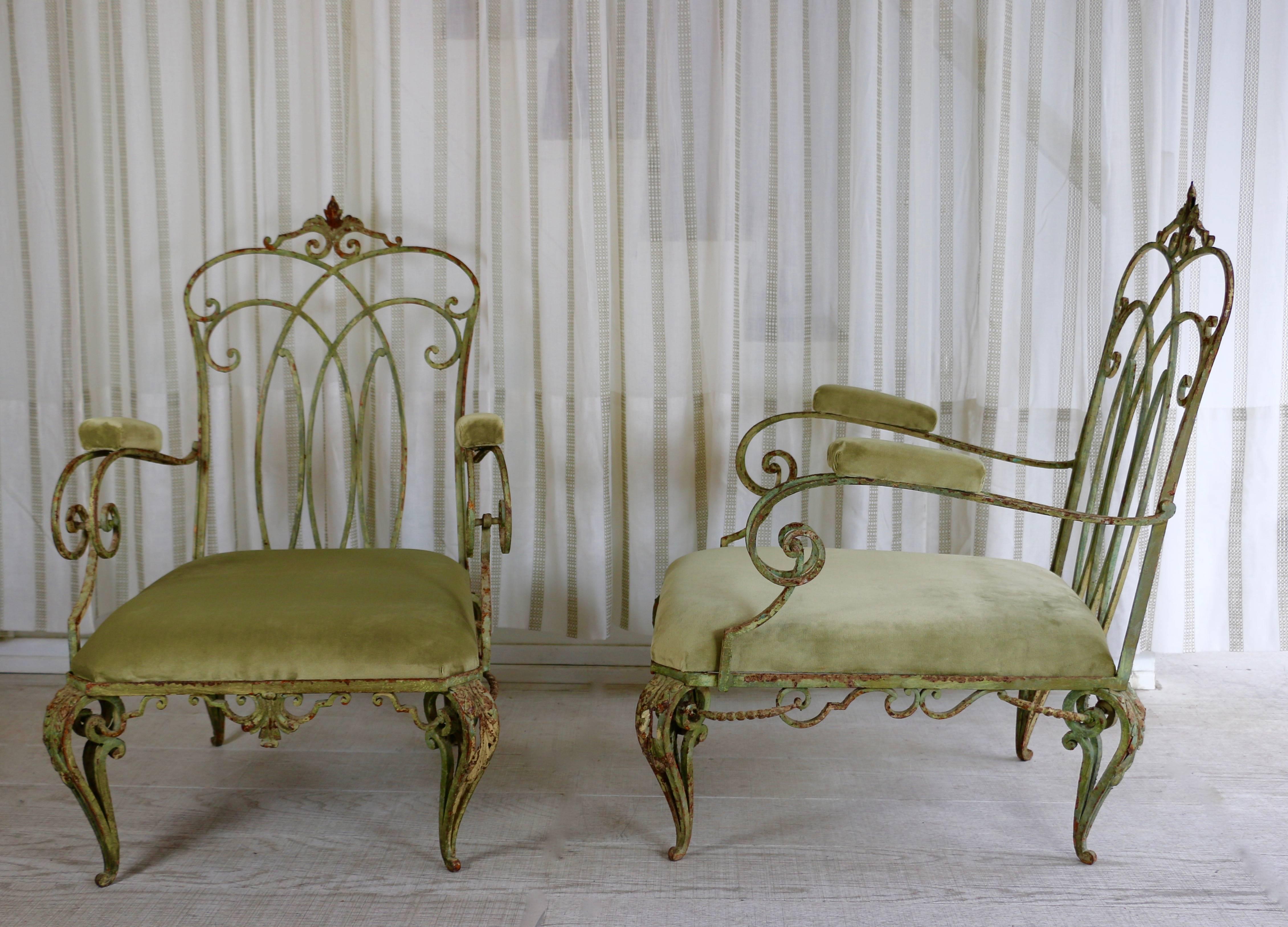 Rococo Pair of Large 1940s Wrought Iron Armchairs in the Style of Jean-Charles Moreux