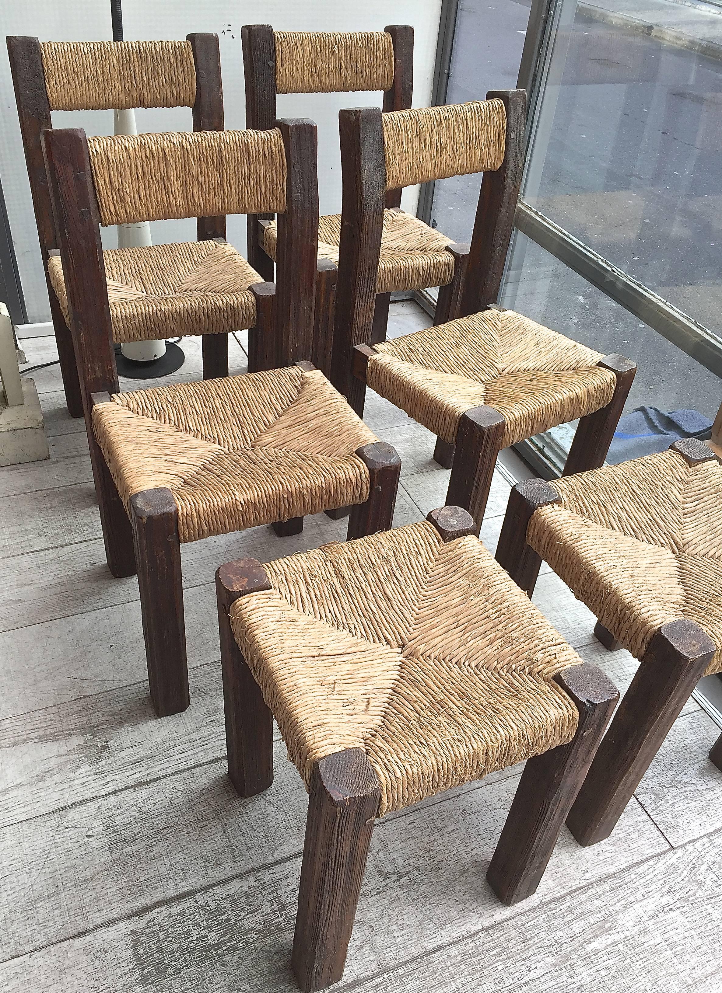 Four 1960s Rustic Chairs and Two Stools 4