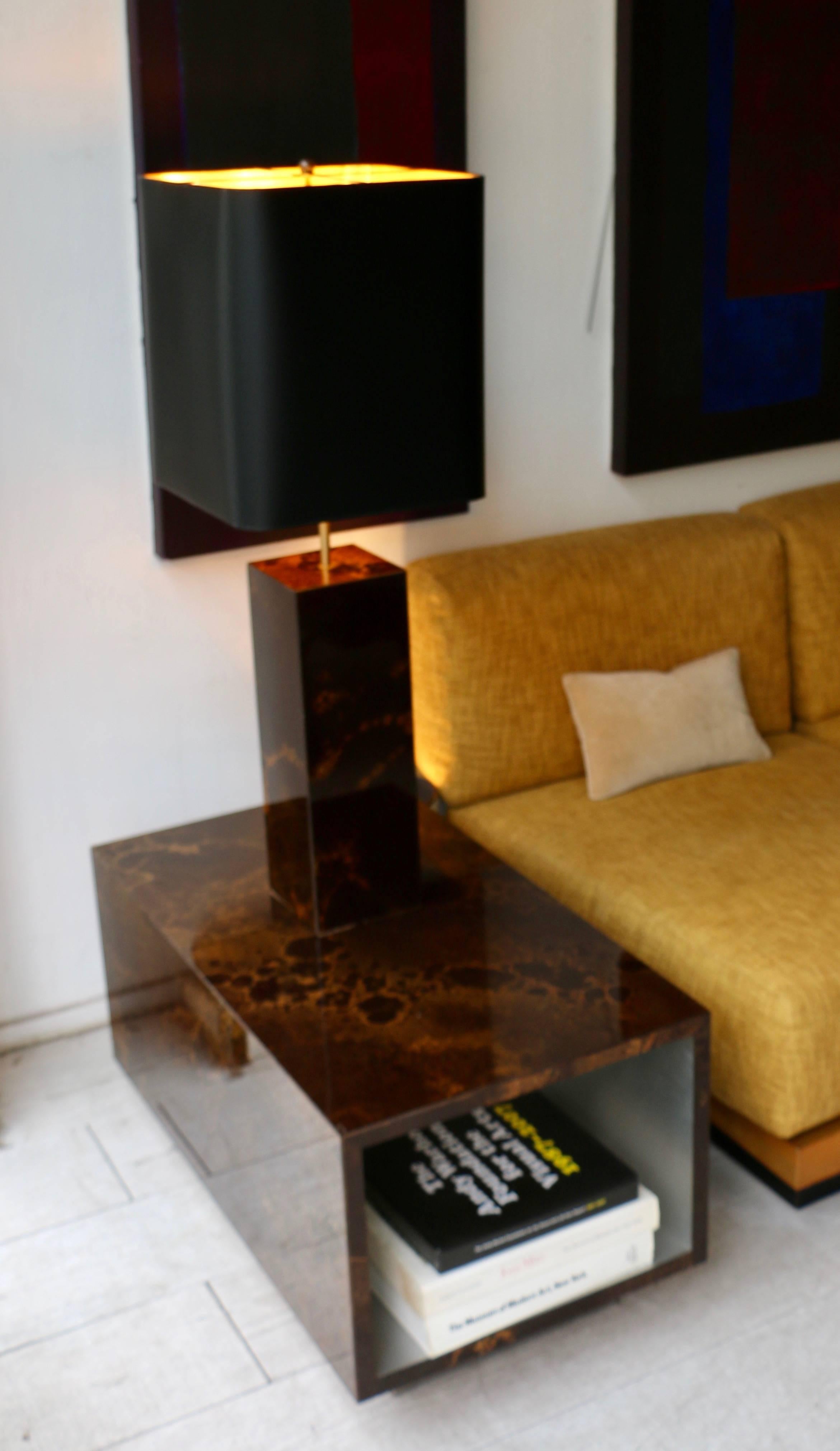 1970s coffee table or end sofa, by Guy LEFEVRE for LIGNE ROSET in bronze color lacquer with a celestial motif. 