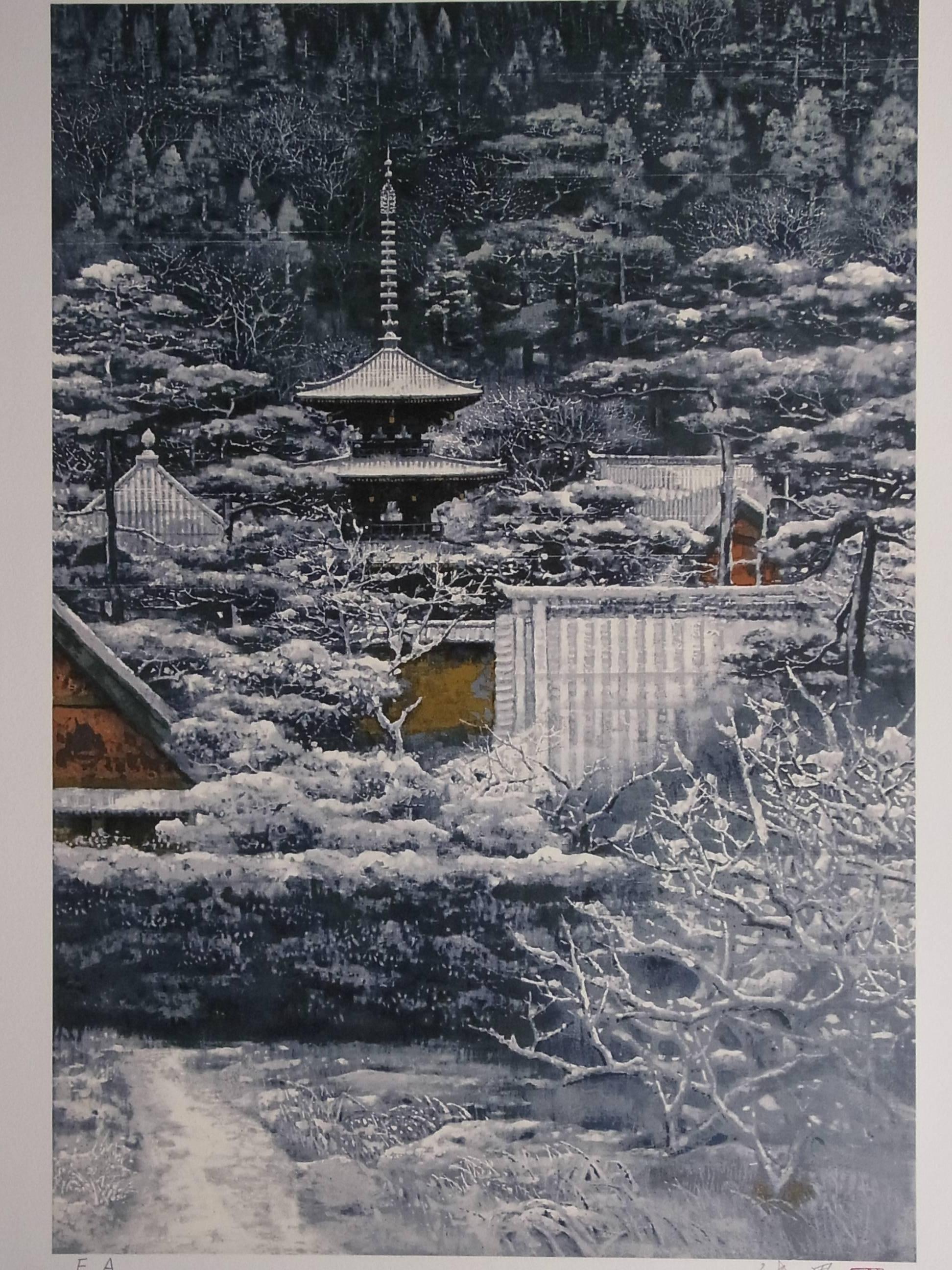 Color lithograph by Sumio Goto (1930-2016), Japanese painter
Temple in Nara in the snow,  circa 1997
Signed and stamped.
Not framed.
Excellent condition.

Biography:
1930 Born in a Shingon Temple in Chiba Prefecture.
1952 Awarded a prize at the 37th