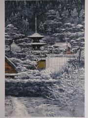 Color Lithograph of Temple in Nara by Sumio Goto, Japanese Painter, circa 1997