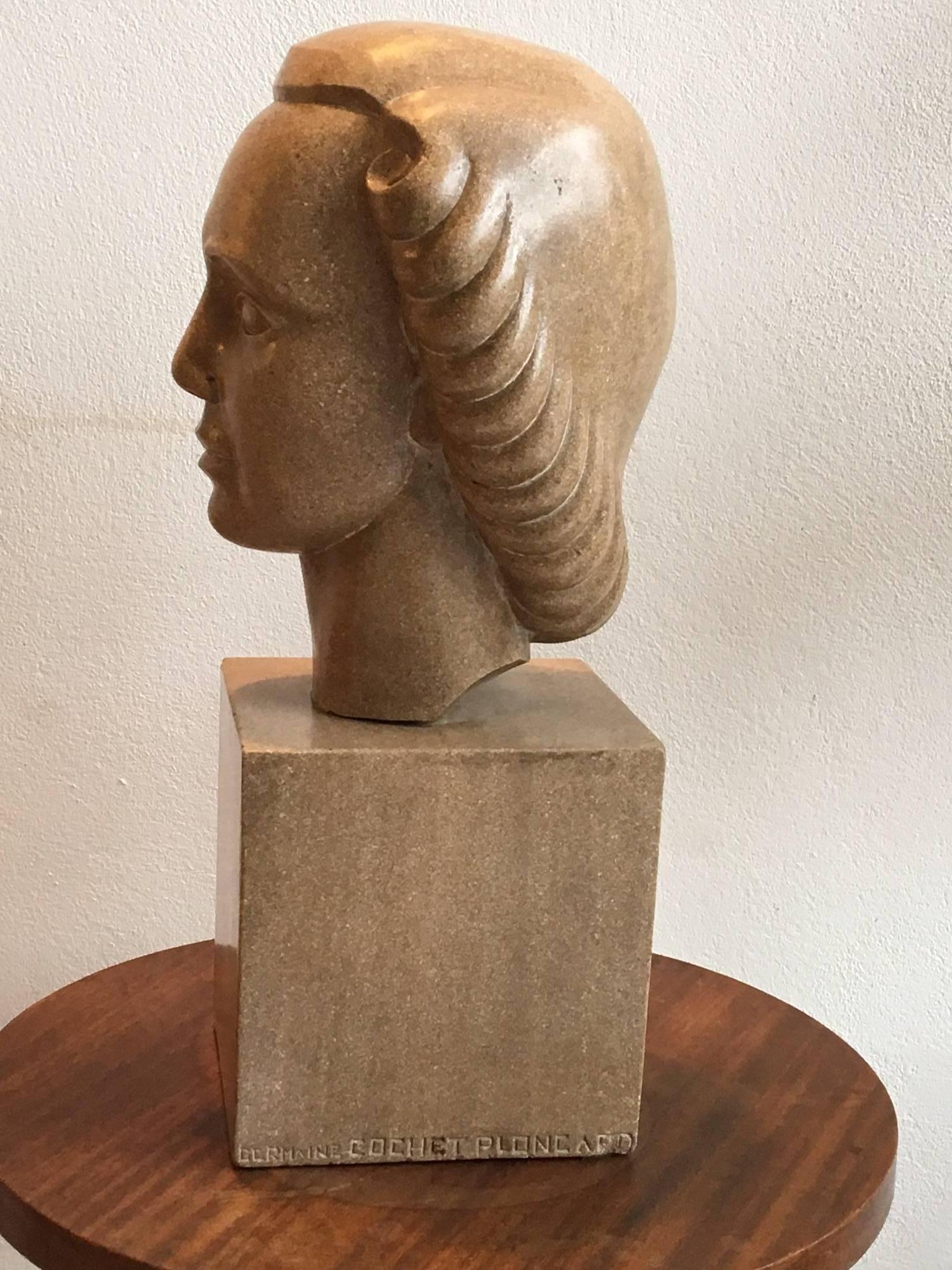 French Art Deco Direct Carved Stone Sculpture by Germaine Cochet Ploncard, circa 1930 For Sale