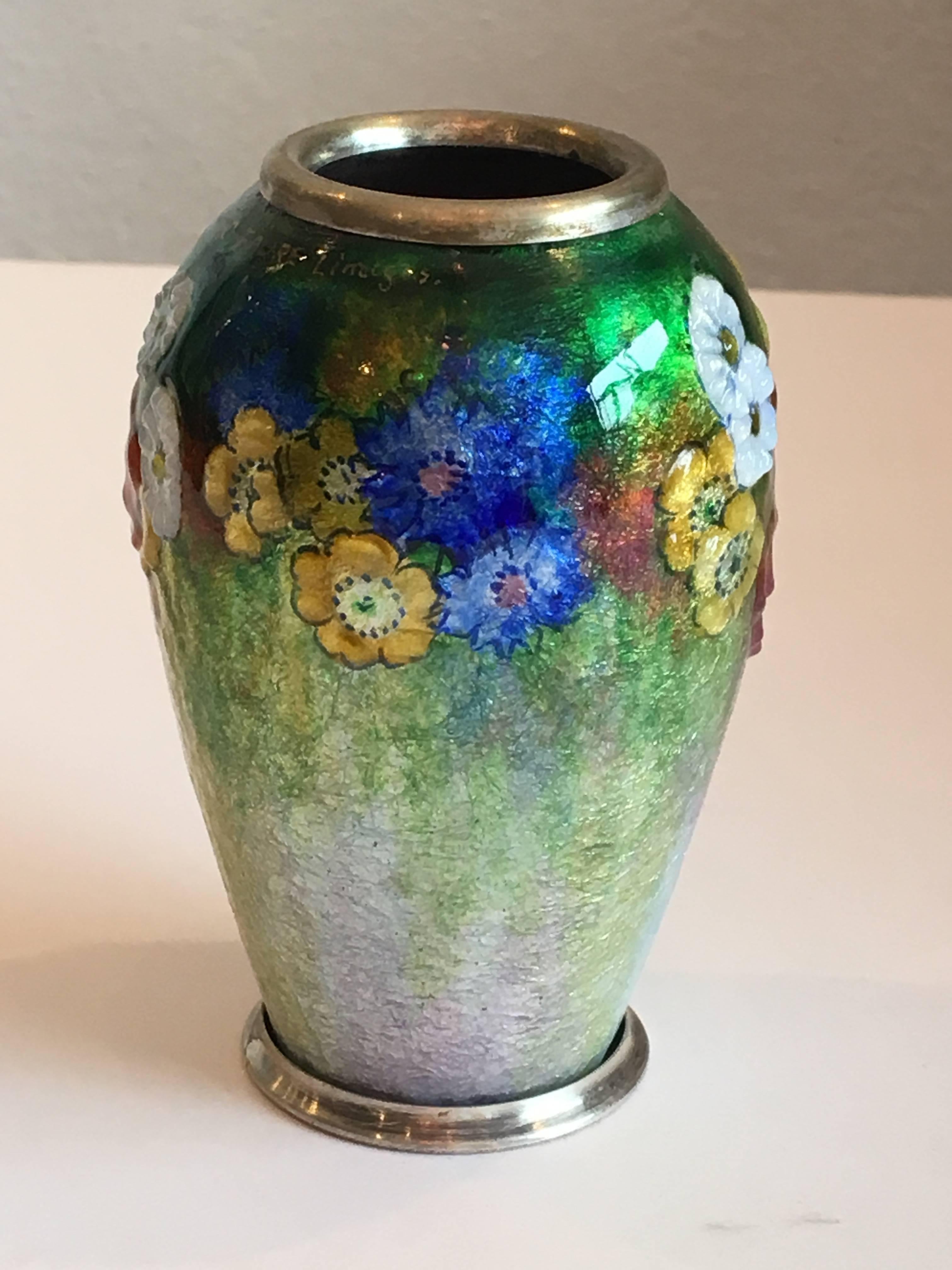 French Camille Fauré Enameled Copper Vase with Floral Decoration, circa 1945 For Sale