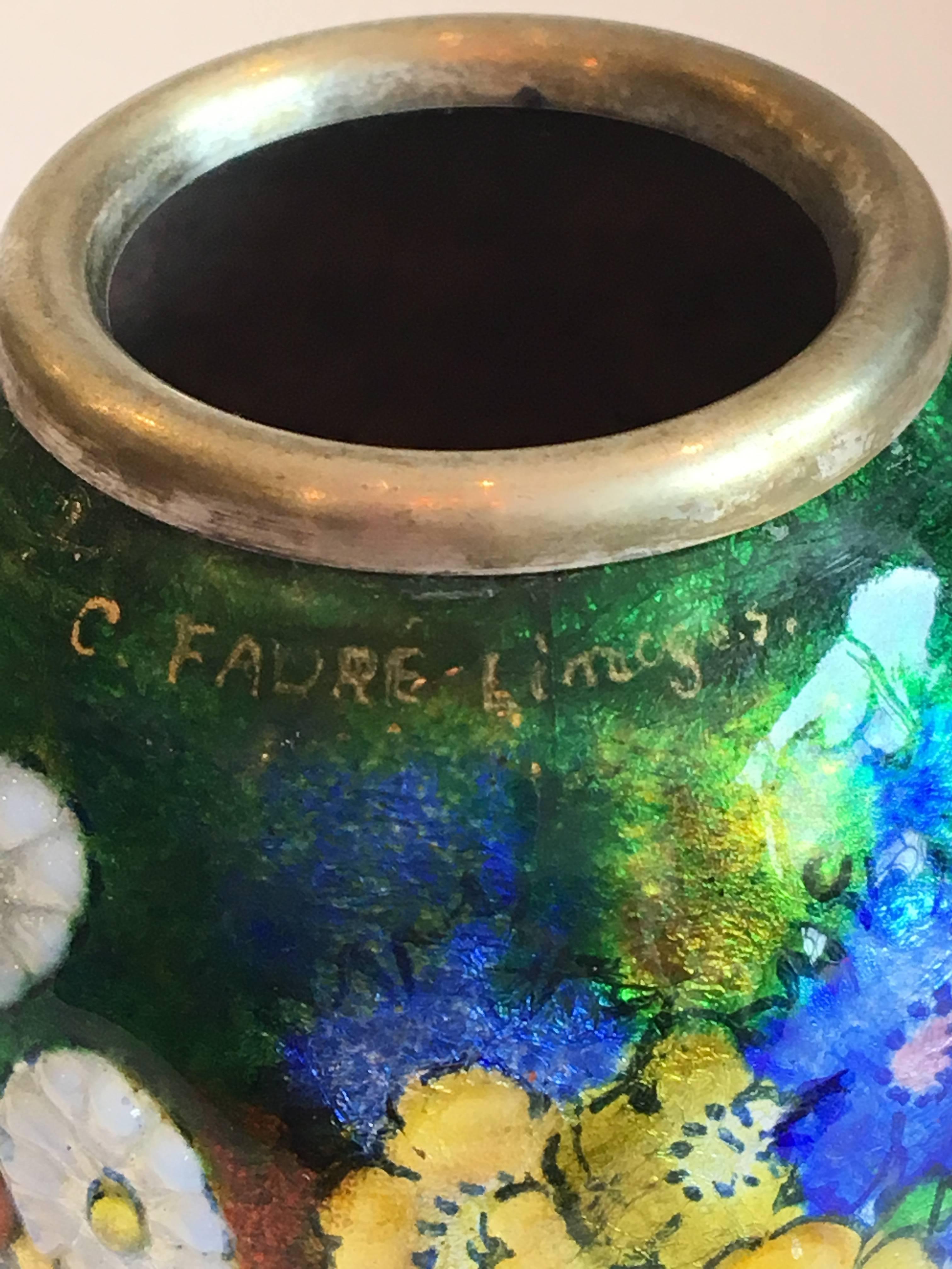 Camille Fauré Enameled Copper Vase with Floral Decoration, circa 1945 In Excellent Condition For Sale In Saint-Ouen, FR
