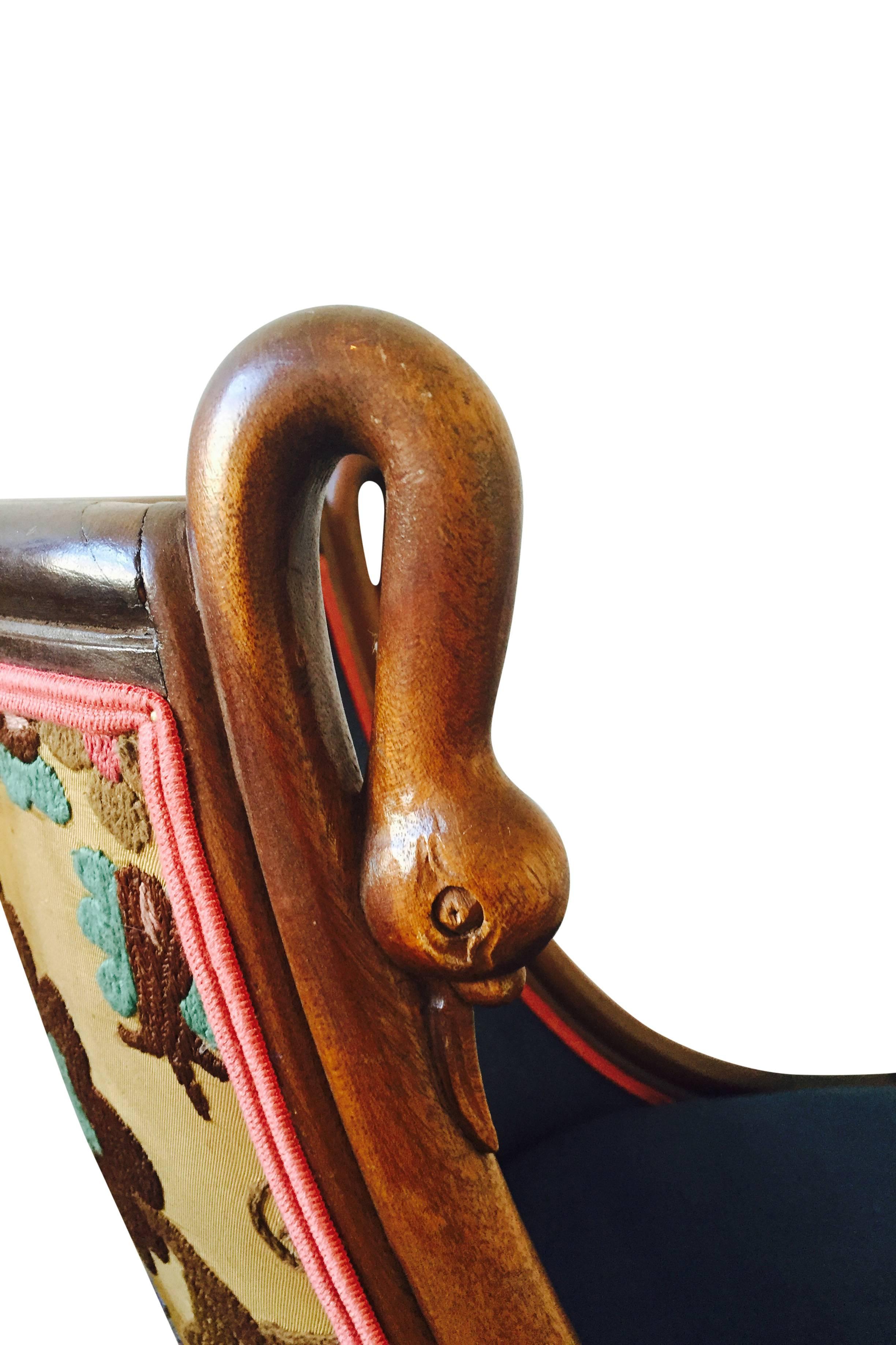 Embroidered Small Chair with Curved Swan Necks, 20th Century Empire Style For Sale