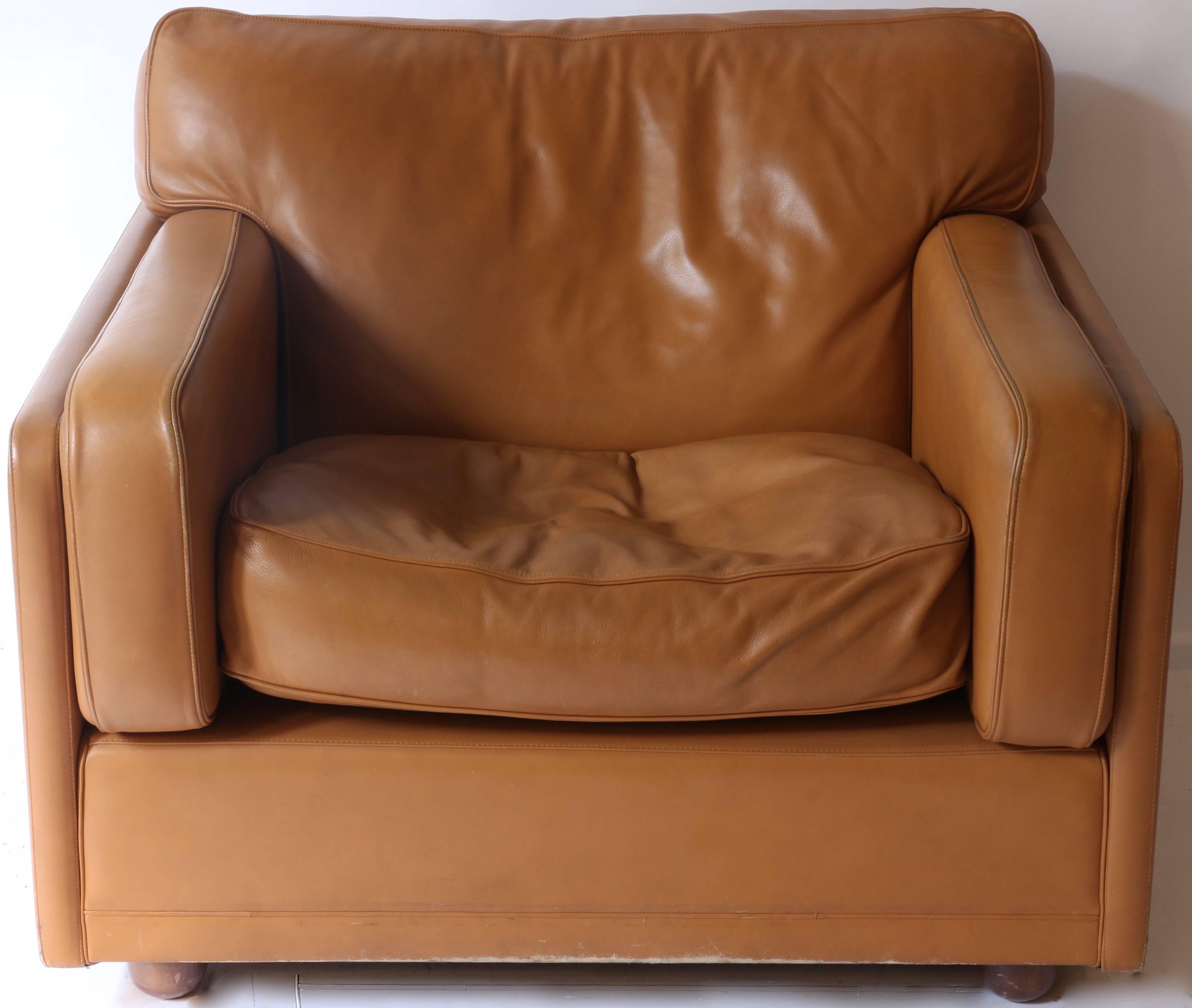 three leather club chairs, ( One sold
Italy, 1978 made by the manufacturer Poltrona Frau.
Beautiful light brown leather.