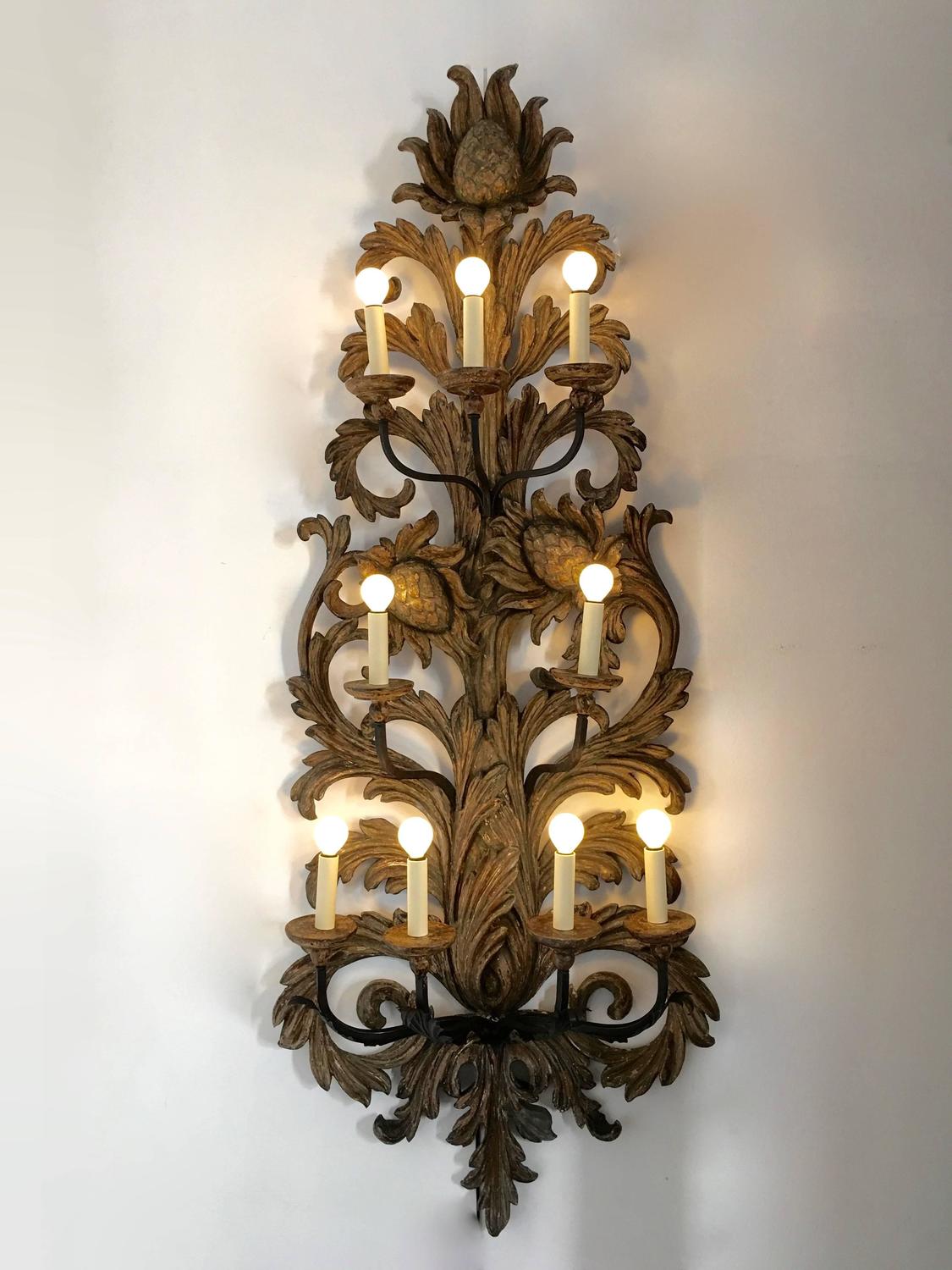 Pair of Very Large Wooden Carved Wall Lights, Italy, 1900 For Sale at 1stdibs