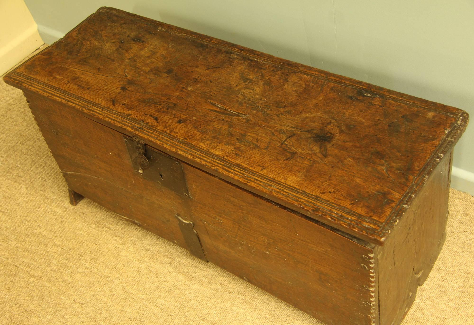 Mid-17th century small oak coffer with integral candle box.

Please note – this is only available to view by appointment only.

All of the items that we advertise for sale have been as accurately described as possible and are in excellent