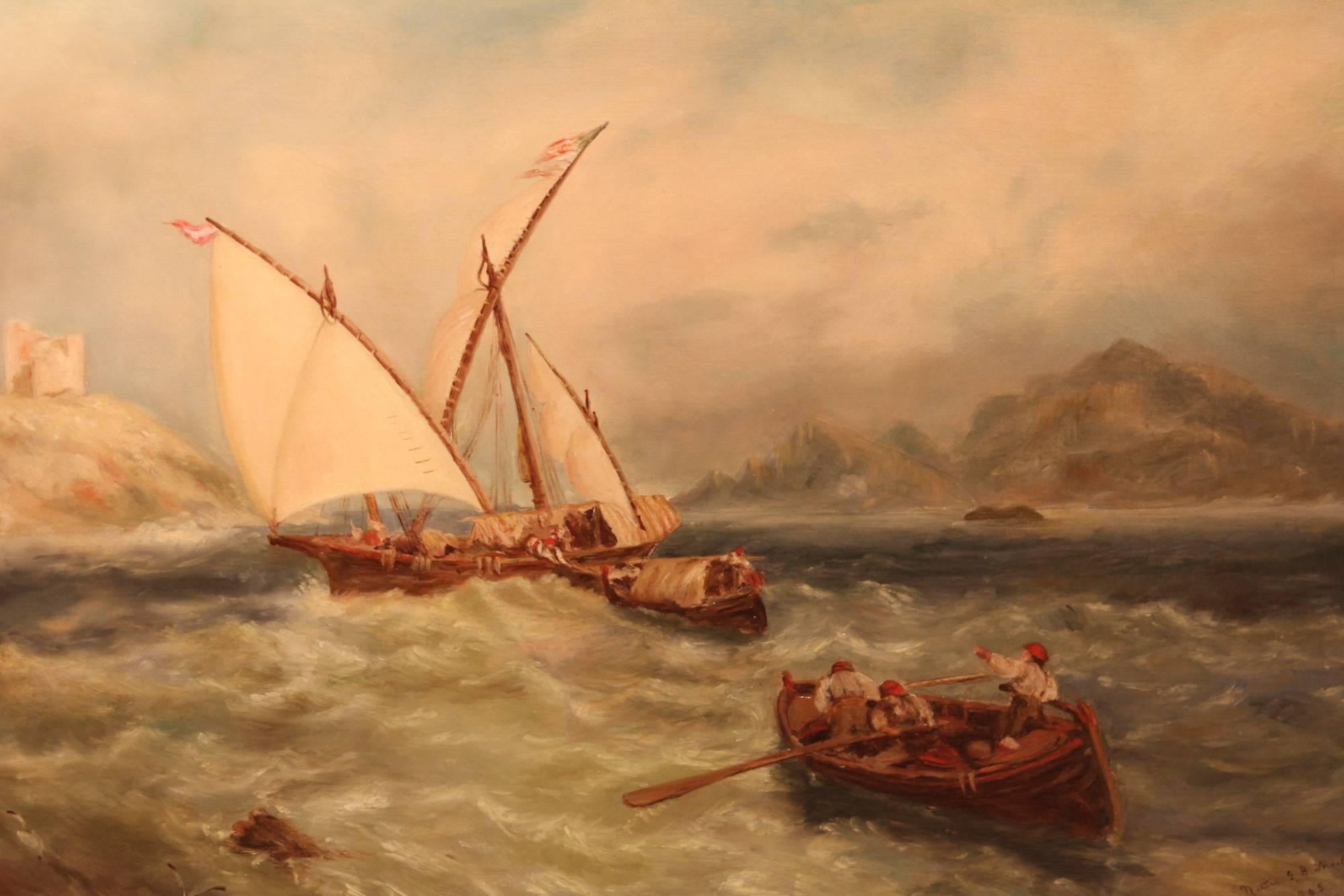 "Scene in the Mediterranean" oil painting by Nettle G.B Shields. Flourished 1895-1910, atmospheric painter of landscape and coastal views. Oil on canvas, 20x30" signed and dated 1905.

All of the items that we advertise for sale