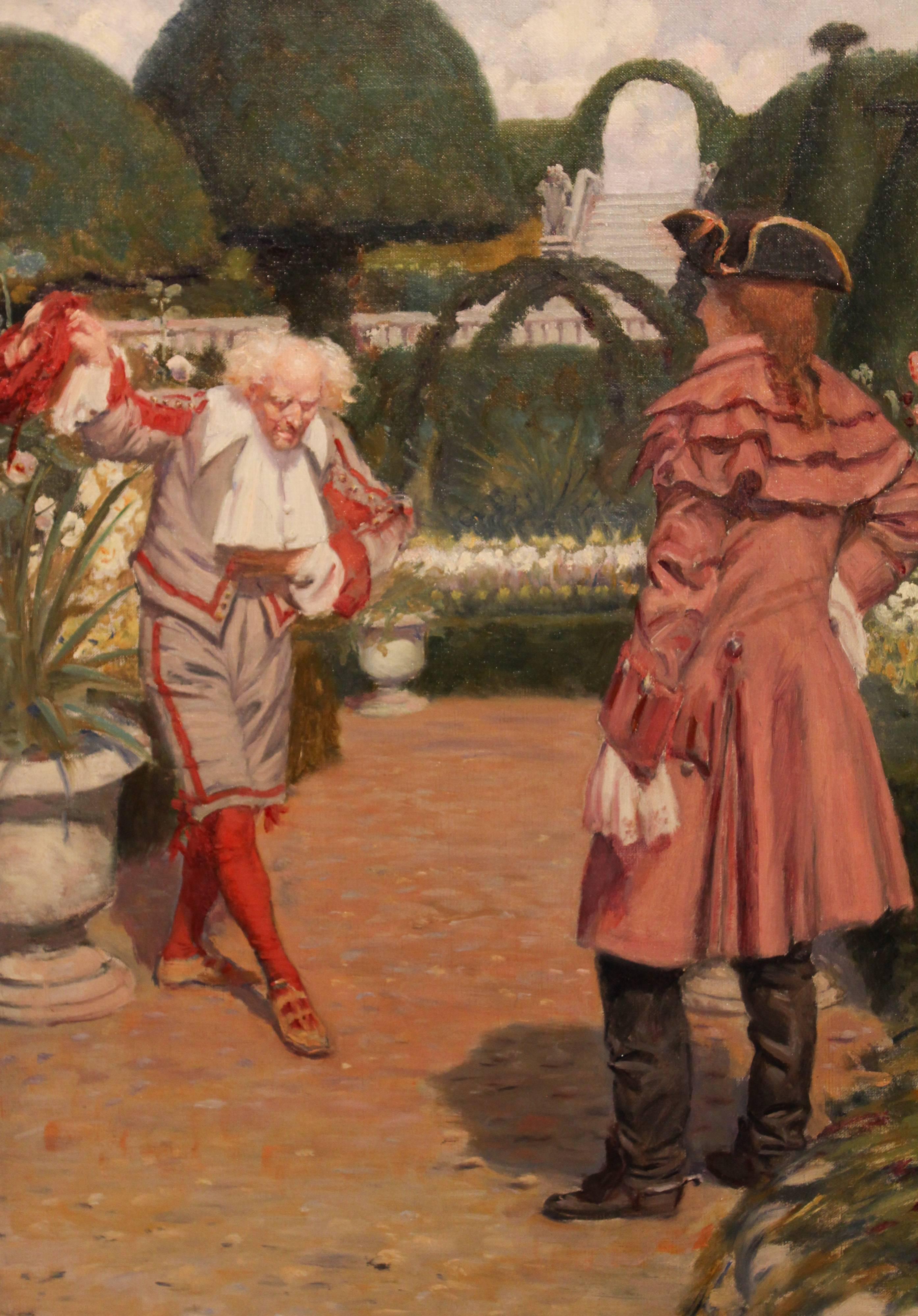 "A Courtly Meeting" Oil Painting by Simon Vedder. Simon Harmon Vedder, 1866-1937 was a US born animal and figure painter, exhibited at Royal Academy. Oil on canvas, 21x15" signed.

All of the items that we advertise for sale have