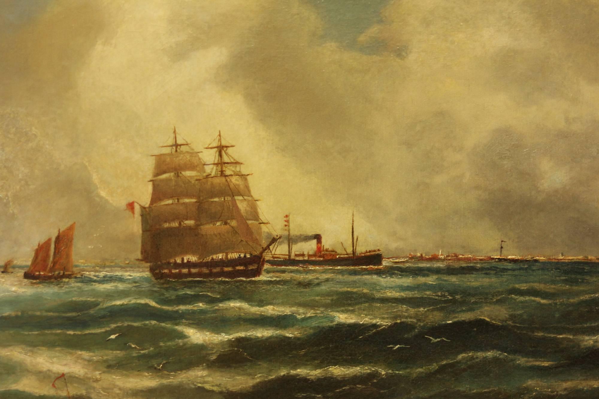 "Off the North-East Coast" oil painting by Bernard Benedict Henry. Bernard Benedict Henry, 1845-1913 younger brother of the Royal Academician Charles Napier Henry, Newcastle artist and regular, oil on canvas, 20 x 30" signed.

All