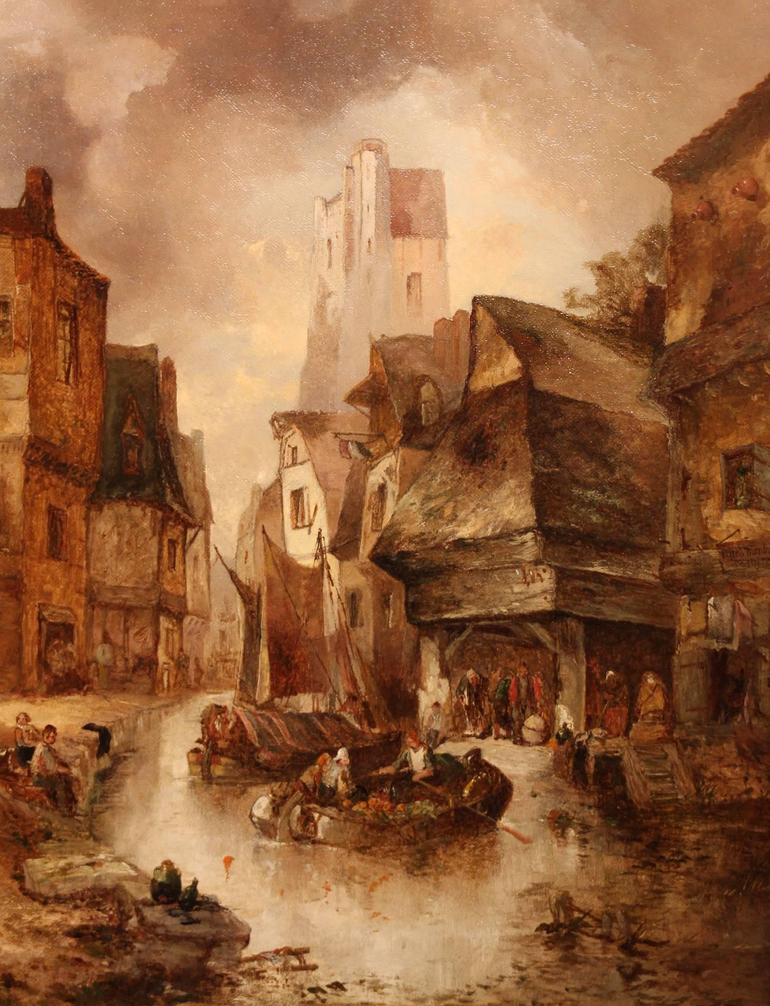 Pair of oil paintings "Continental Townscapes" by Alfred Montague. Alfred Montague exhibited 1832-1883, a leading member of the Royal Society of British Artists. Both oil on canvas, 18 x 14" signed, in original frames.

All of the