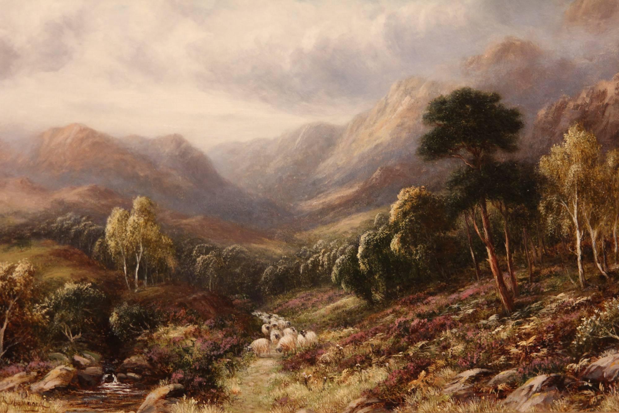 "A View in North Wales" oil painting by Robert John Hammond. Robert John Hammond, 1854-1911, was a popular Birmingham School landscape painter, and regular exhibitor at the Royal Birmingham Society. Oil on canvas, 10 x 14"