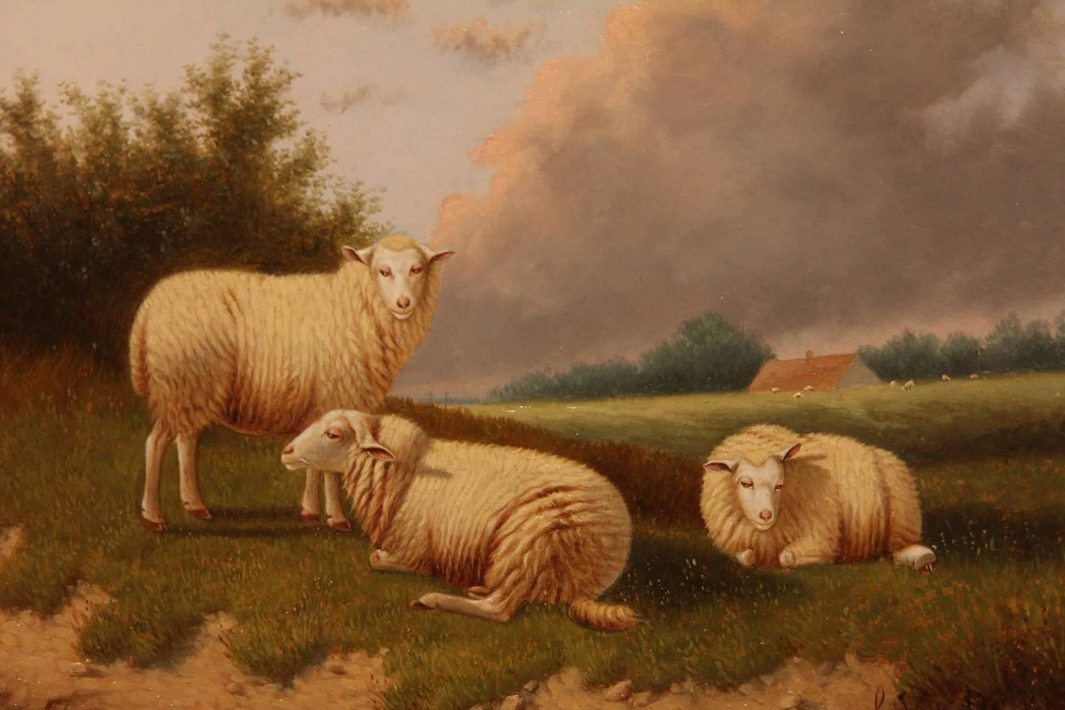 "Sheep Grazing" Pair of Oil Paintings by Jacob Van Dieghem For Sale at
