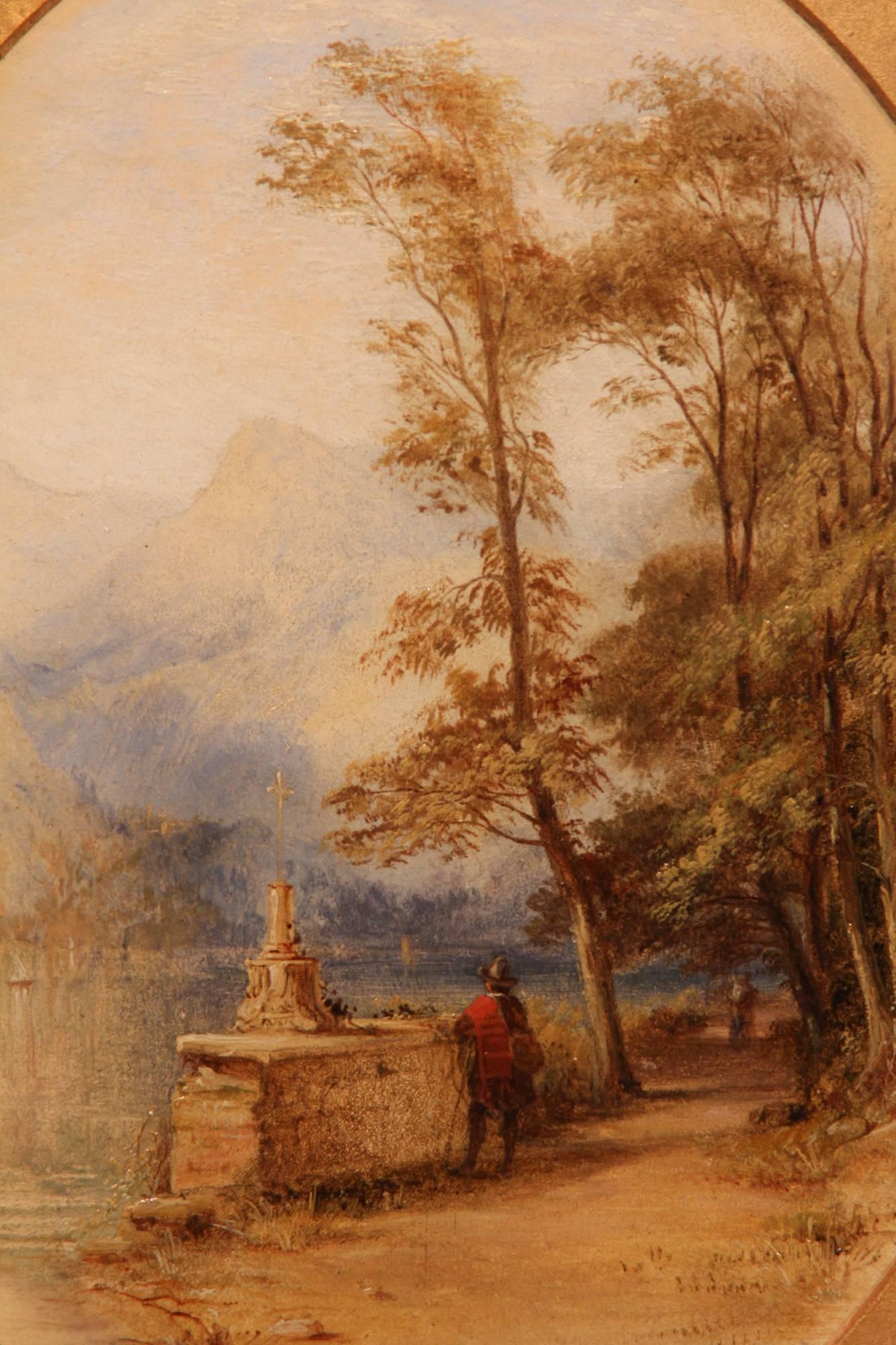 "On the Lake of Como" oil painting by George Edwards Hering. George Edwards Hering, 1805-1879 was a leading exhibitor Royal Academy, oil on board. 8x10" oval, signed title inscribed verso.

All of the items that we advertise for