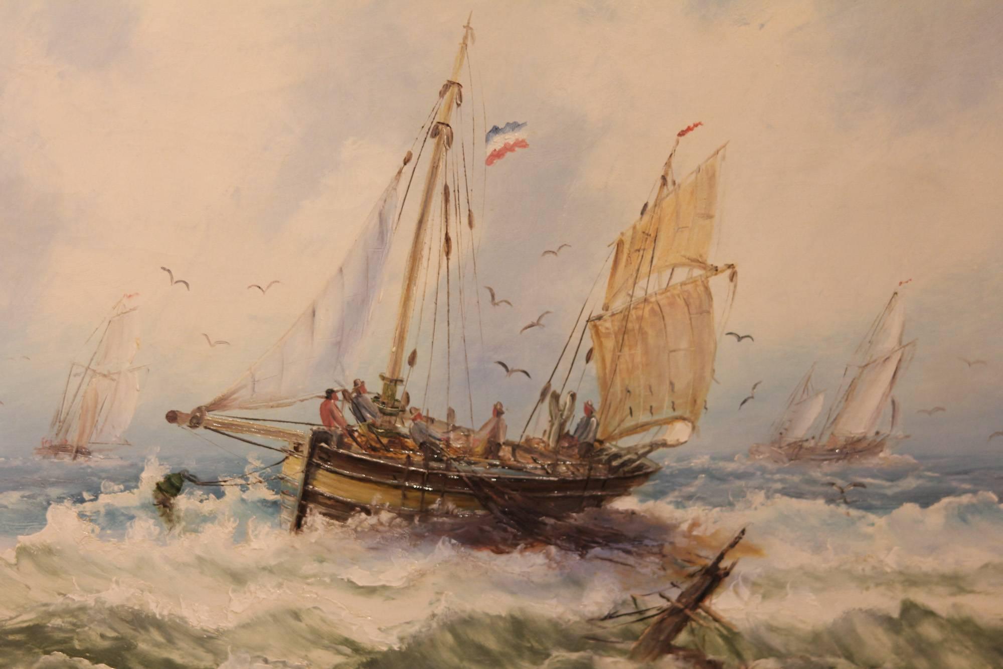 "Dutch Boats off the Suffolk Coast " oil painting by Thomas Westcott.  Thomas Westcott flourished 1869-1912, lived in Suffolk, exhibited Ipswich Art Society.  Oil on canvas, 12x20" signed and dated (19)'08.
 
 
All of the items