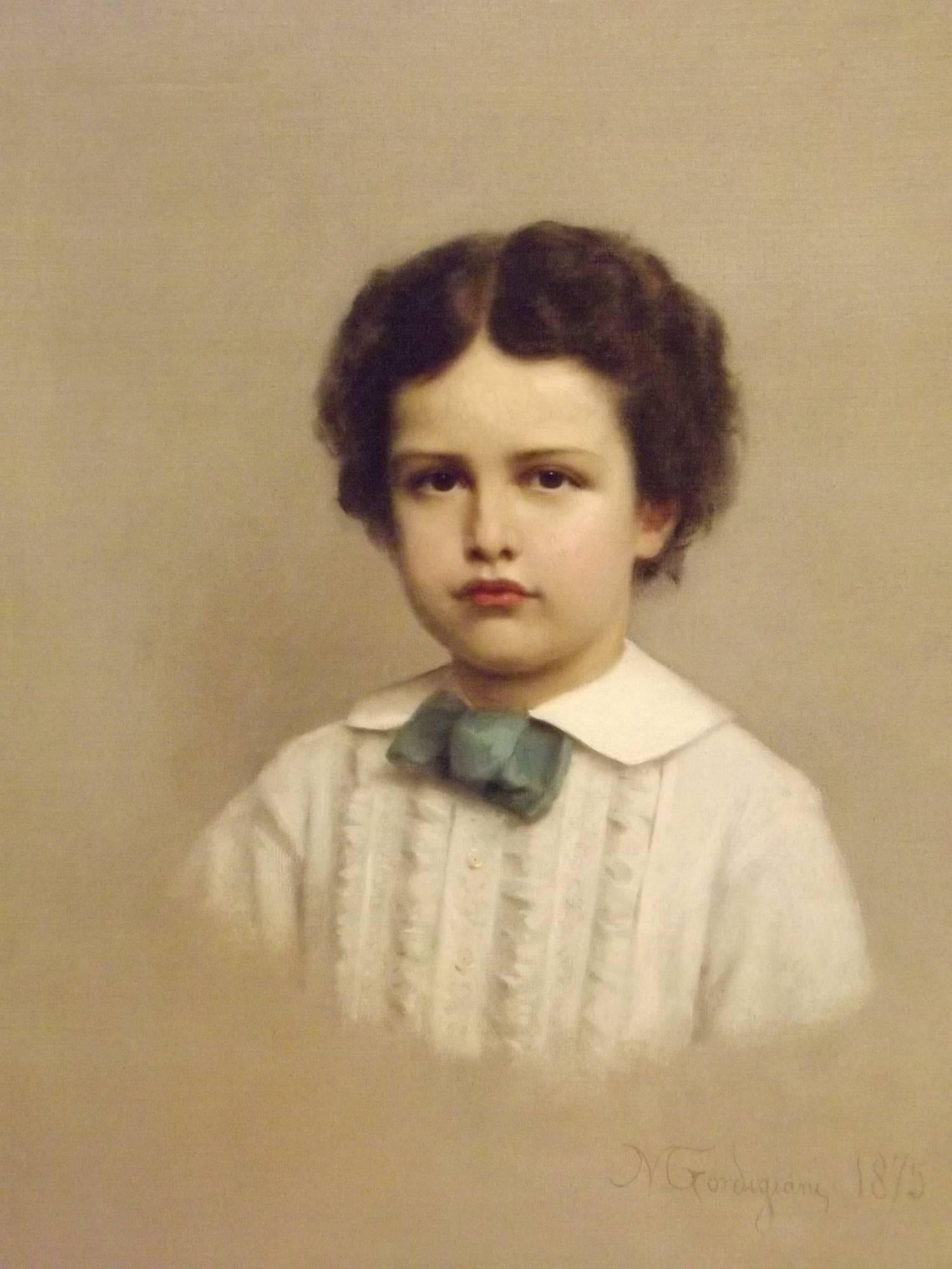 "Portrait of a Boy" by Michele Gordigiani 1830-1909 was a portrait painter and teacher in Florence who regularly exhibited in England and Italy. Oil on canvas, signed 1875.

All of the items that we advertise for sale have been as