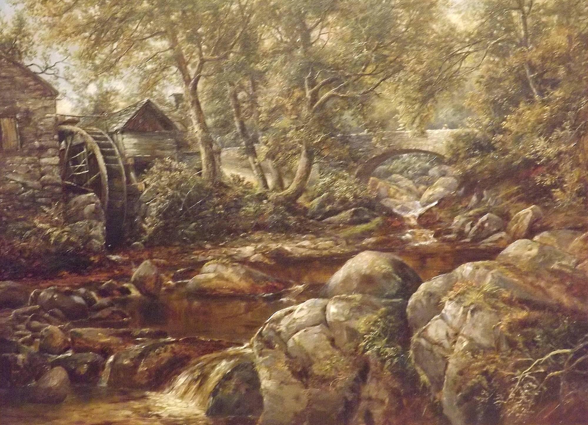 "Capel Curig Mill North Wales" by William Henry Waring. Oil on Canvas. Birmingham painter and exhibitor at the R.B.S.A 1886-1910. Signed and dated 1903.

Dimensions:
Width 36" (92cm).
Height 28" (71cm).

All of the items