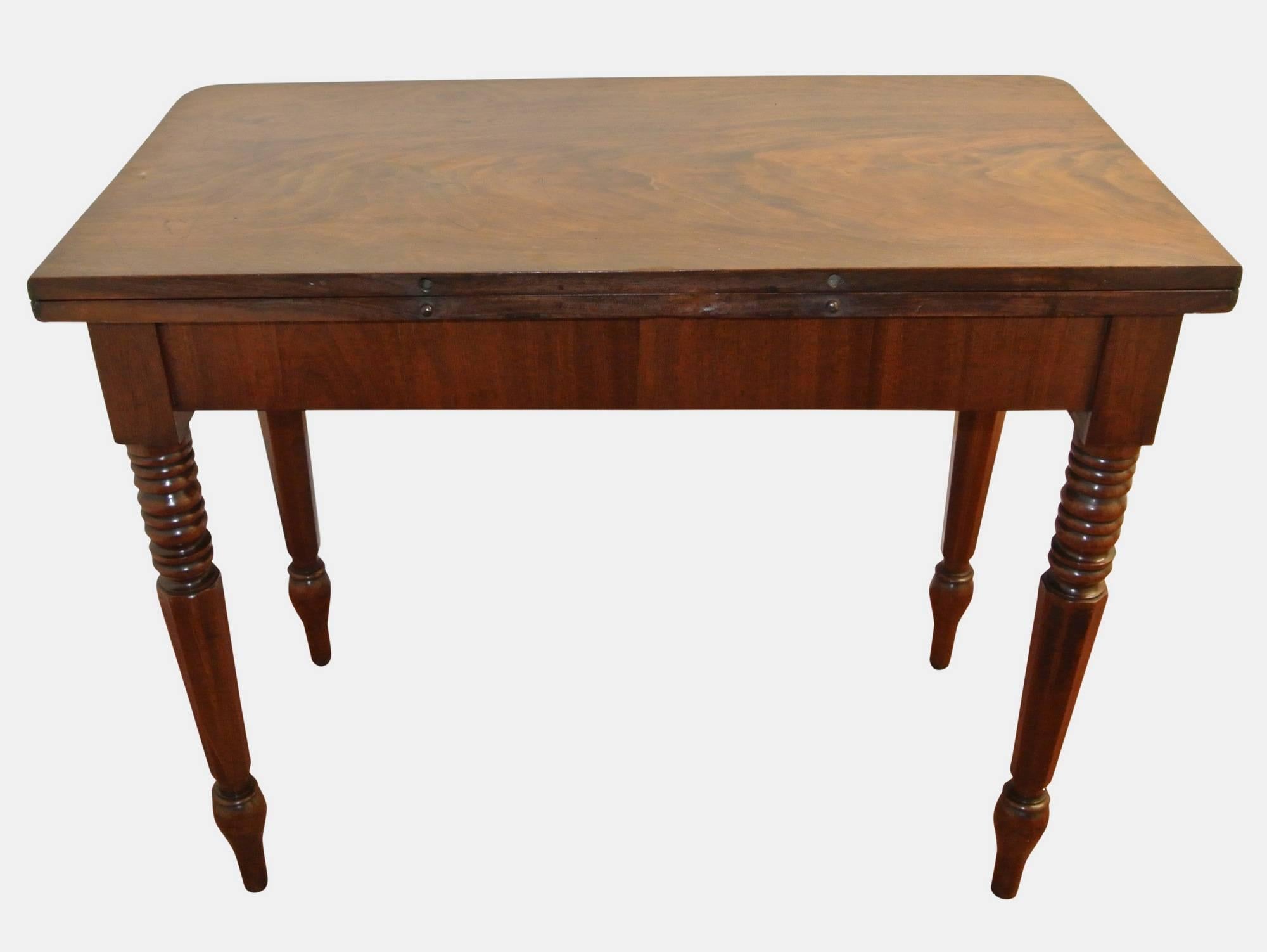 Beautifully figured flame mahogany tea table on tapering octagonal and ring turned legs, circa 1880.

Dimensions:
Height 30