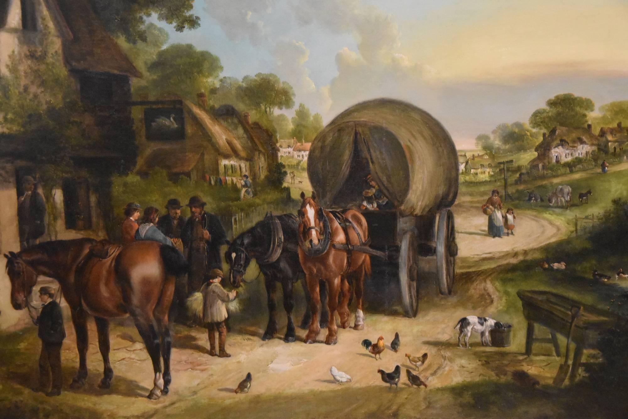 "Outside Swan Inn" by Henry Thrine Shayer. Original frame 1825-1894 and Charles Waller Shayer are the younger sons of William Shayer and they regularly collaborated. Henry he landscapes and Charles the horses. Oil on canvas. 

Dimensions