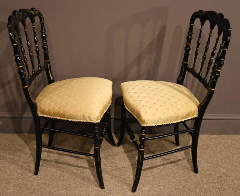 Attractive Pair of Ebonized and Painted Victorian Bedroom Chairs For