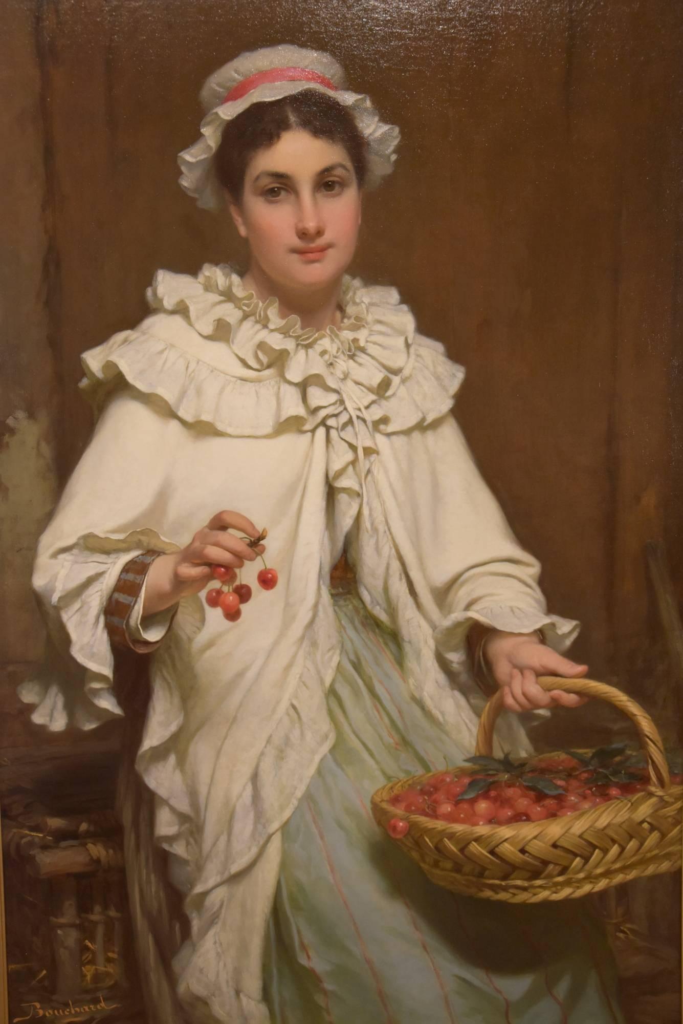 "The Cherry Seller" by Pierre Bouchard. Pierre Francis Bouchard 1831-1839 was a fine French Painter of domestic and historical scenes who exhibited regularly at Paris Salon. Oil on canvas. Signed

Dimensions unframed:
height 44" x