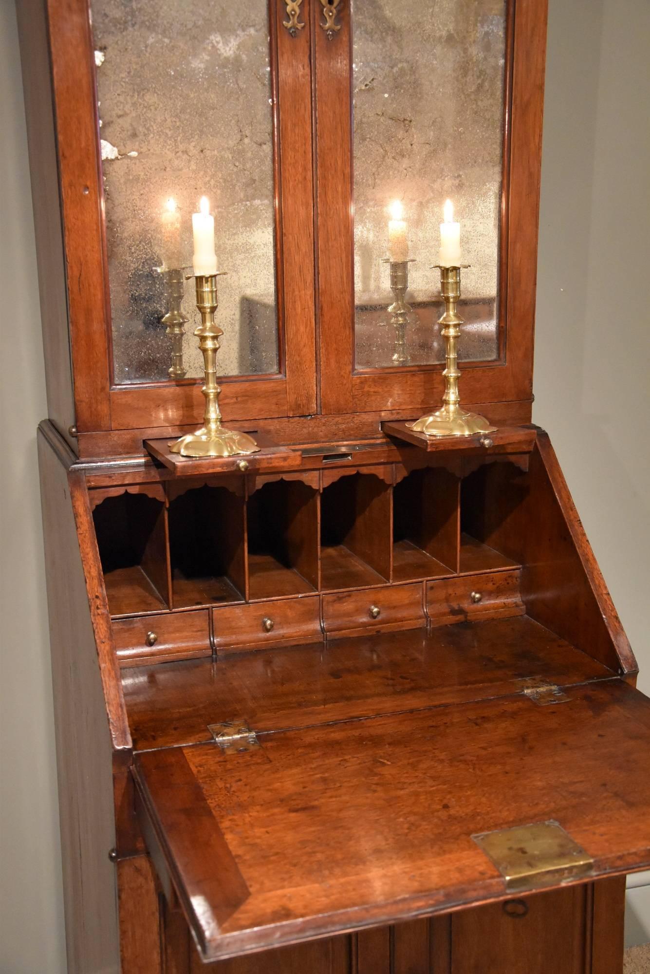 Great Britain (UK) Early 18th Century Solid Walnut Bureau bookcase mirrors bun feet cupboard doors