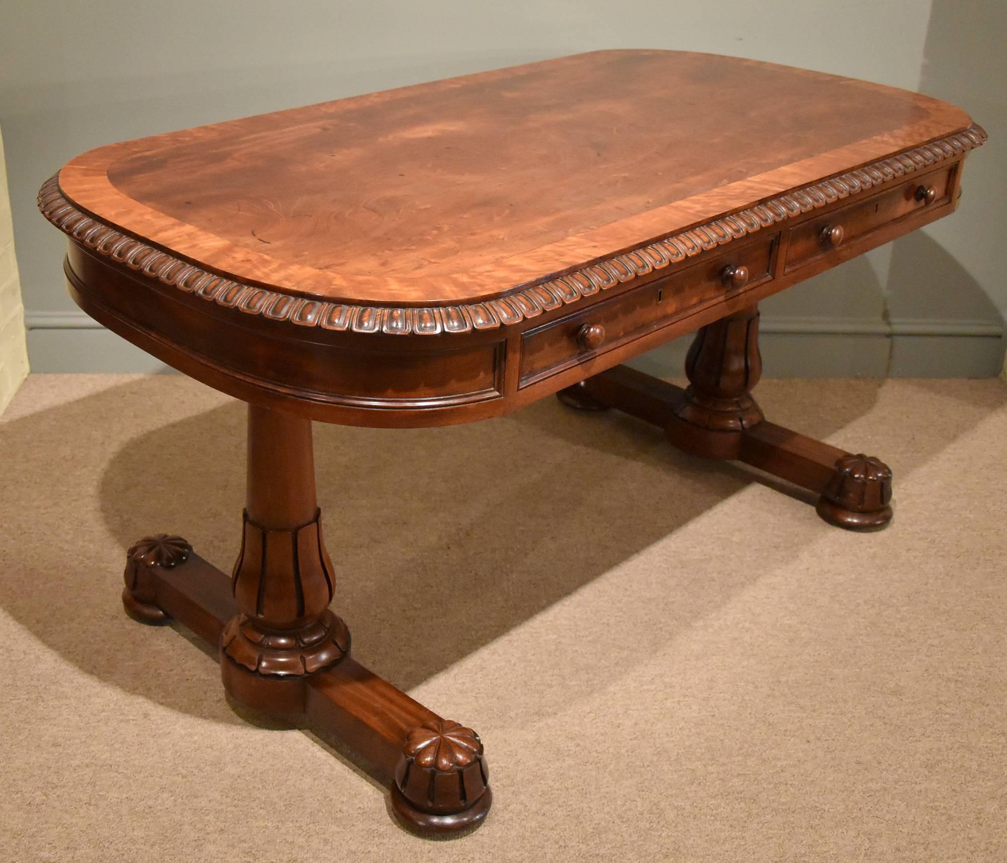 19th Century Very Fine William IV, Irish, Mahogany and Satinwood Library or Writing Table For Sale