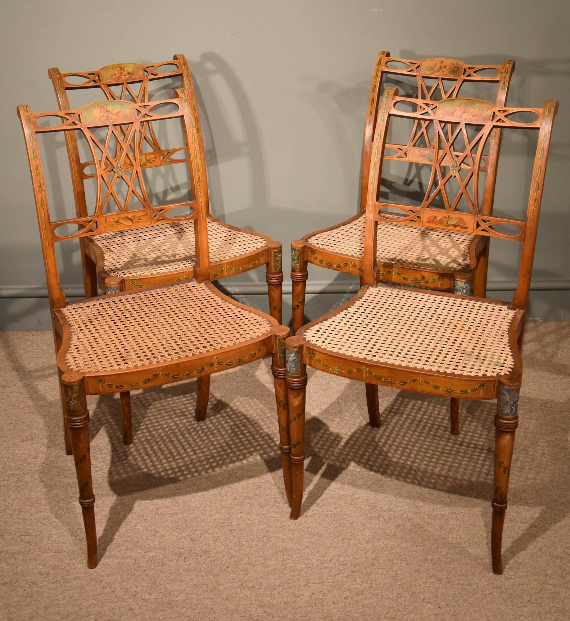 Late 19th century set of four satinwood hand-painted chairs in the style of Edwards and Roberts

Dimensions 
Height 33.5