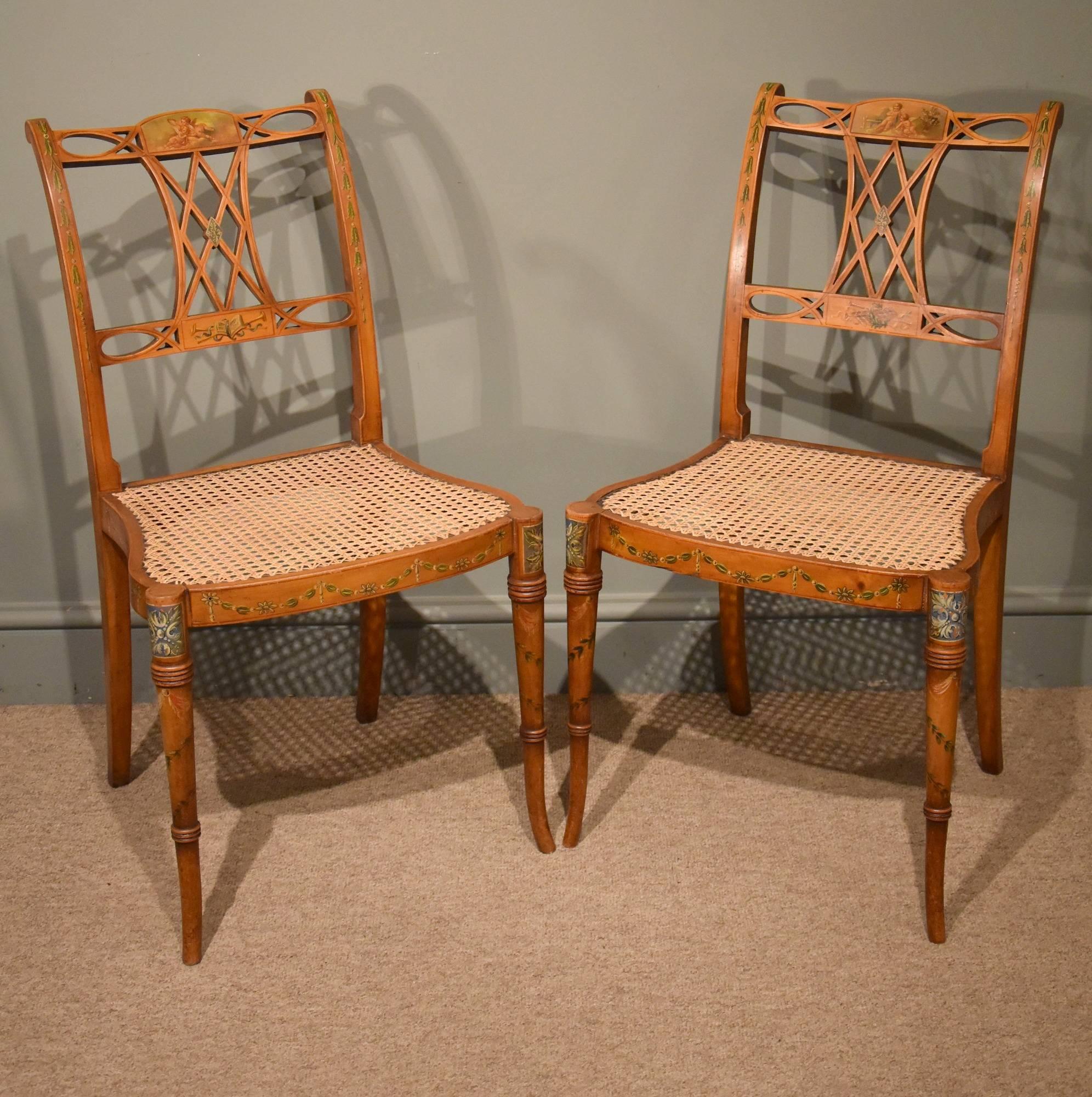 Victorian Late 19th Century Set of Four Satinwood Hand-Painted Chairs