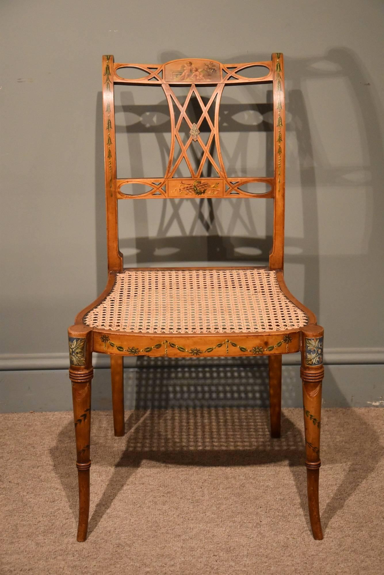 English Late 19th Century Set of Four Satinwood Hand-Painted Chairs