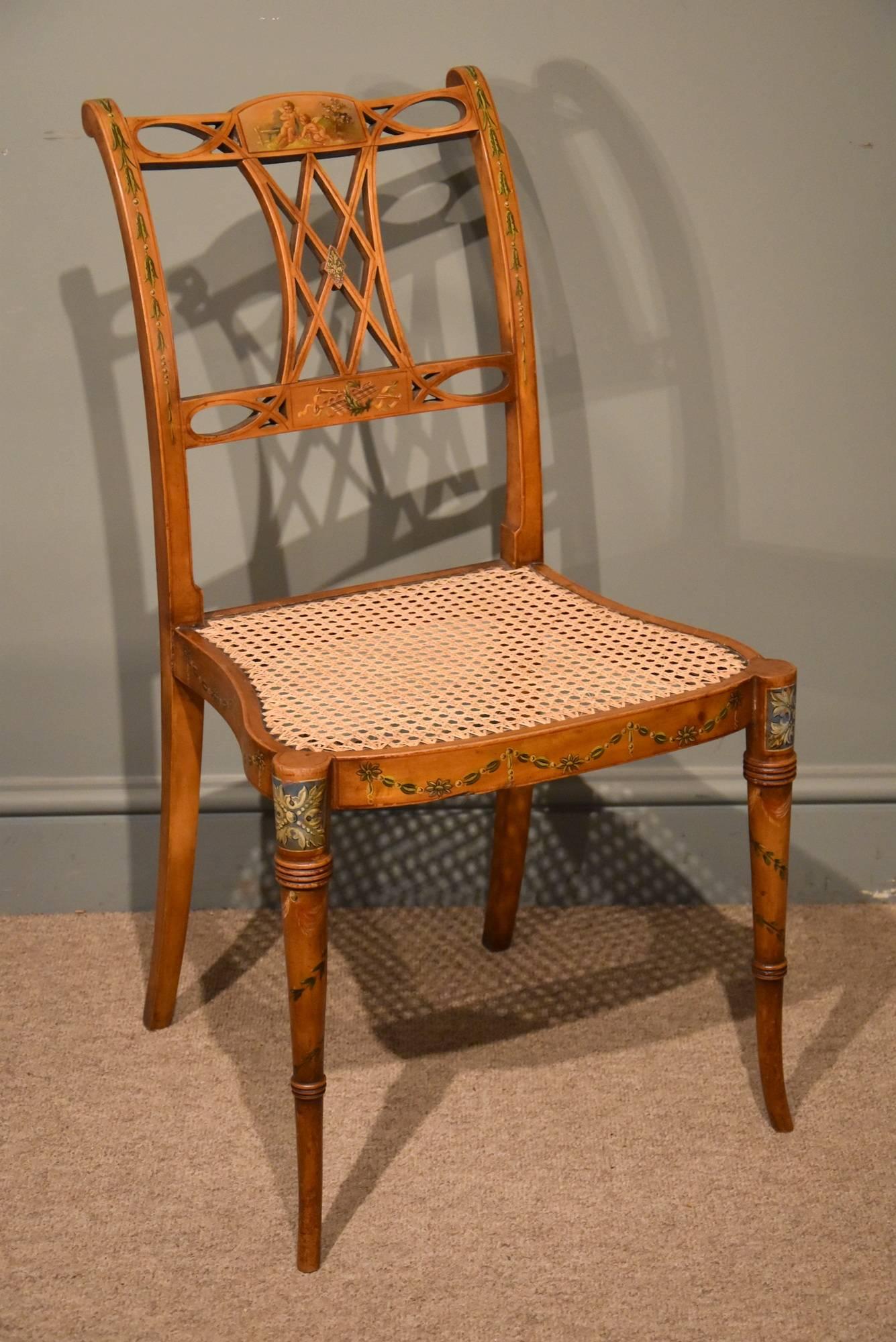 Late 19th Century Set of Four Satinwood Hand-Painted Chairs In Good Condition In Wiltshire, GB