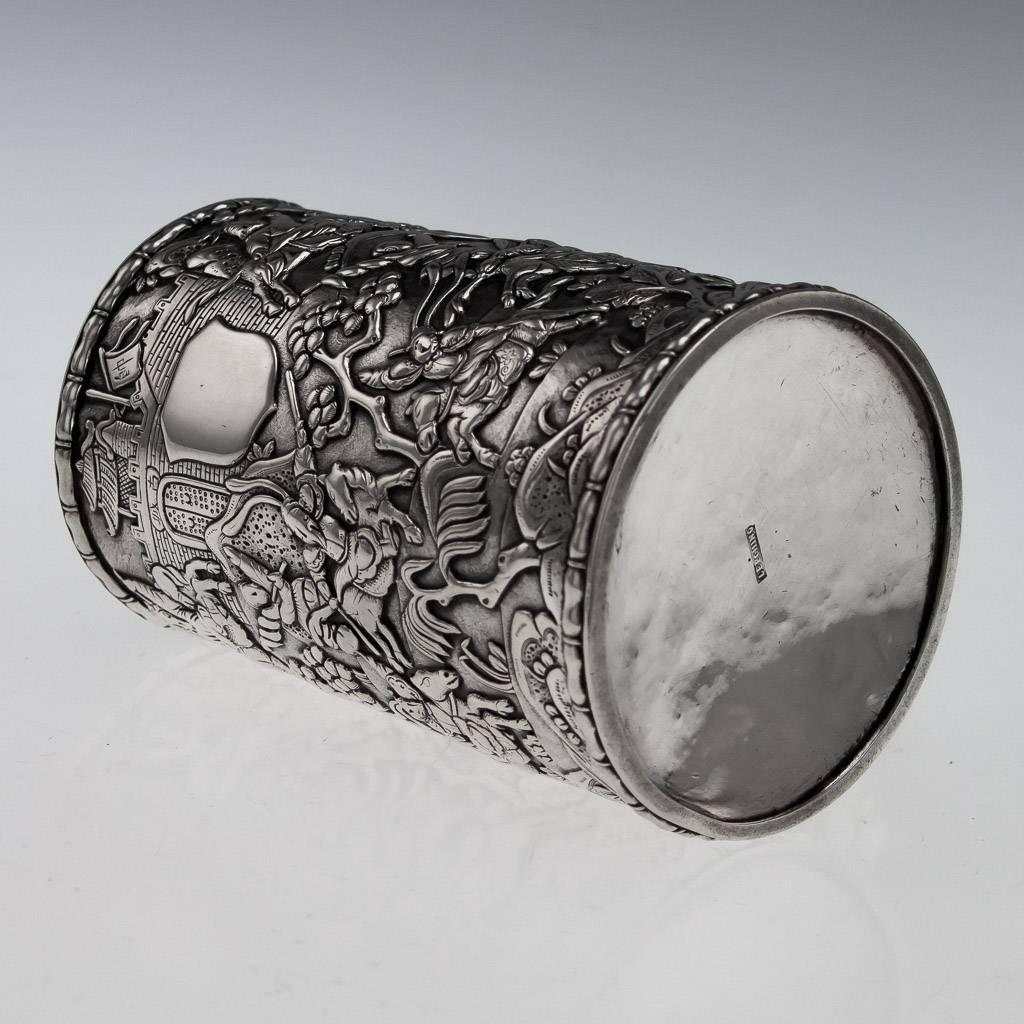 Antique 19th Century Rare Chinese Export Solid Silver Battle Scene Mug, Leeching 2