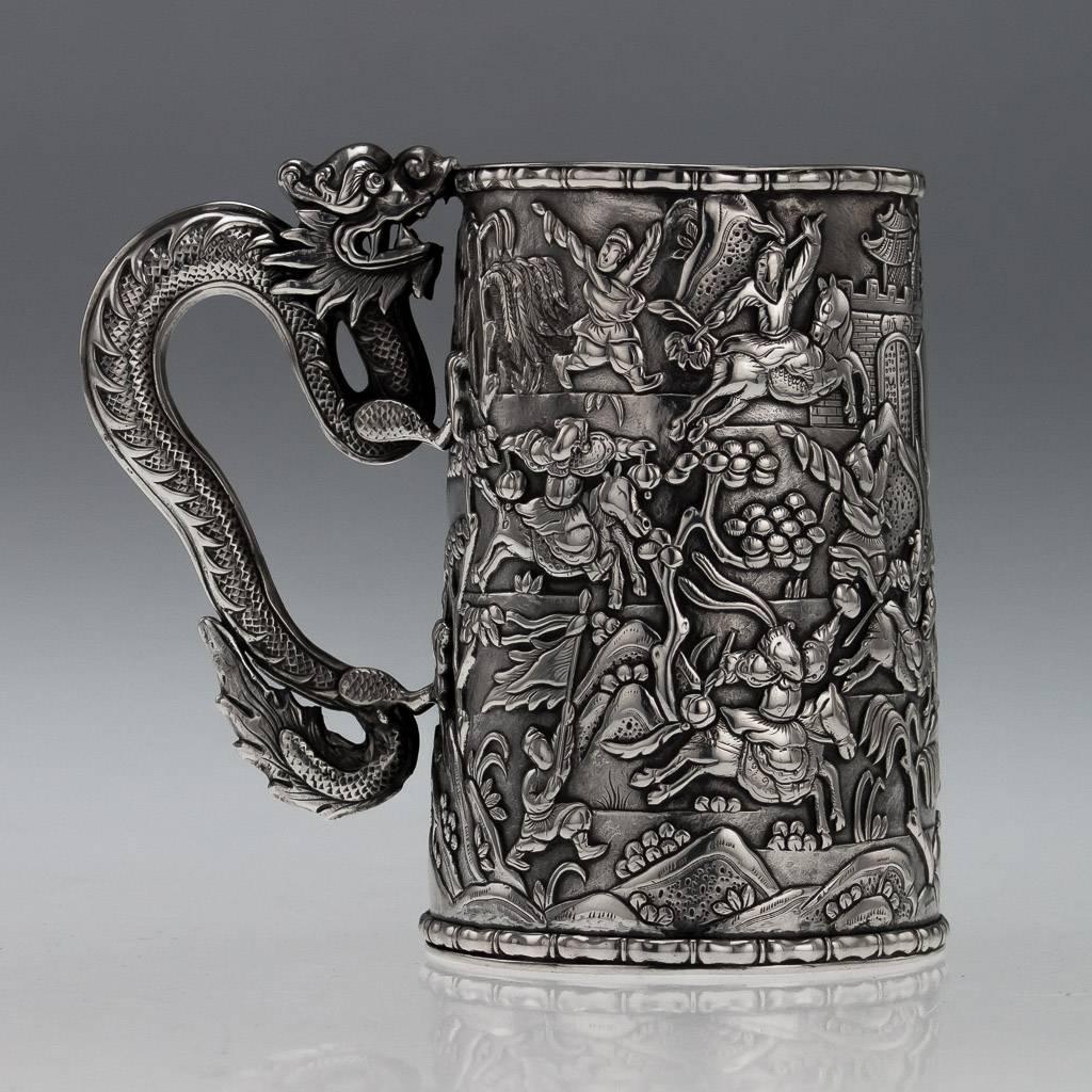 Antique 19th Century Rare Chinese Export Solid Silver Battle Scene Mug, Leeching In Excellent Condition In Royal Tunbridge Wells, Kent