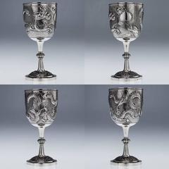 Rare Chinese Export Solid Silver Pair of Goblets, Wang Hing, circa 1880