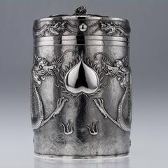 Chinese Export Solid Silver Large Dragon Biscuit Box, Cumwo, circa 1890